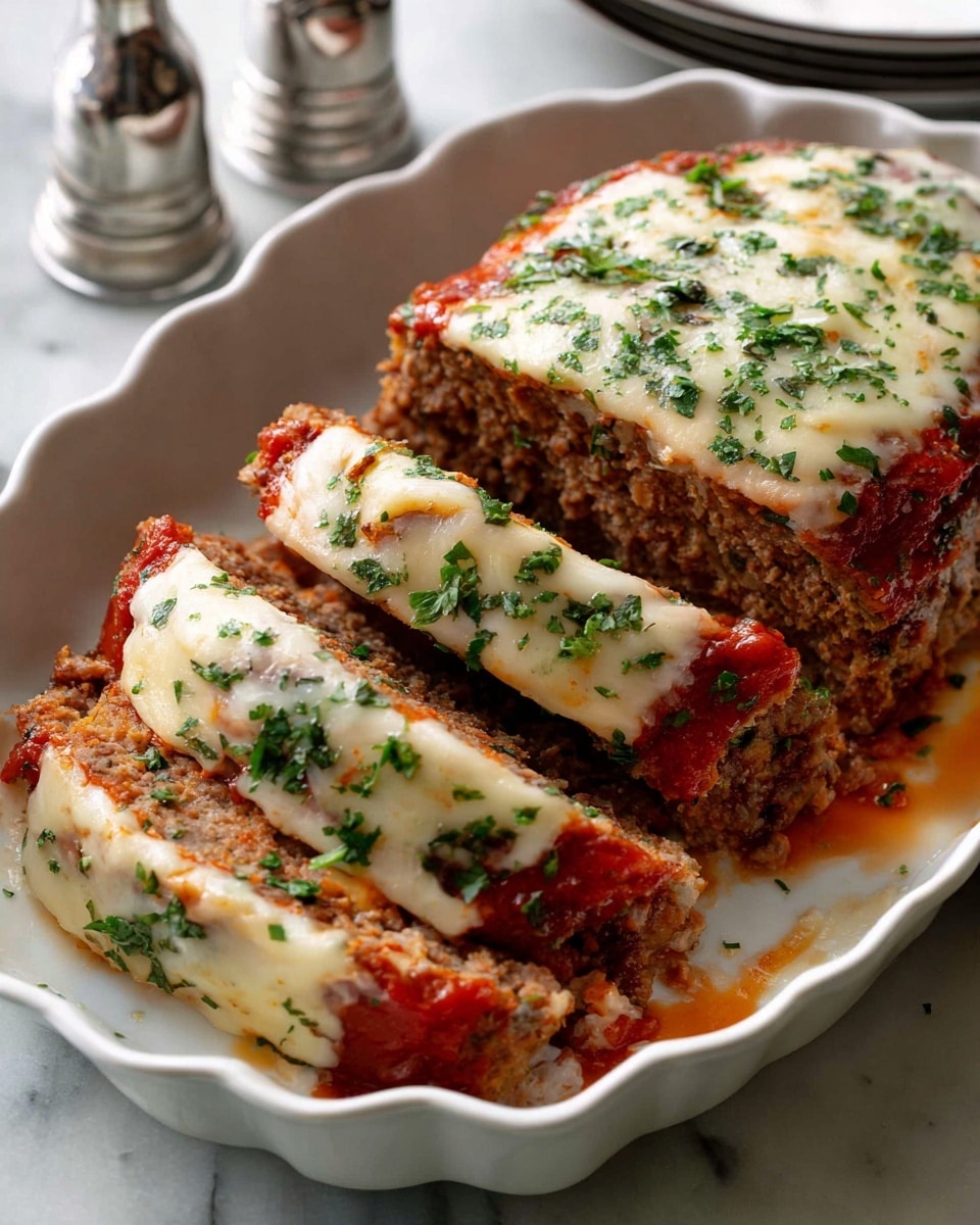 A white oval plate holds three thick slices of meatloaf stacked slightly uneven; the meatloaf has a crumbly texture with visible small white onion pieces inside. The top layer is covered with a melted, creamy white cheese sprinkled with chopped fresh green herbs, and some red sauce peeks through under the cheese. The edges of the meatloaf look browned and moist, and scattered herbs are placed around the plate on a white marbled surface. Photo taken with an iphone --ar 4:5 --v 7