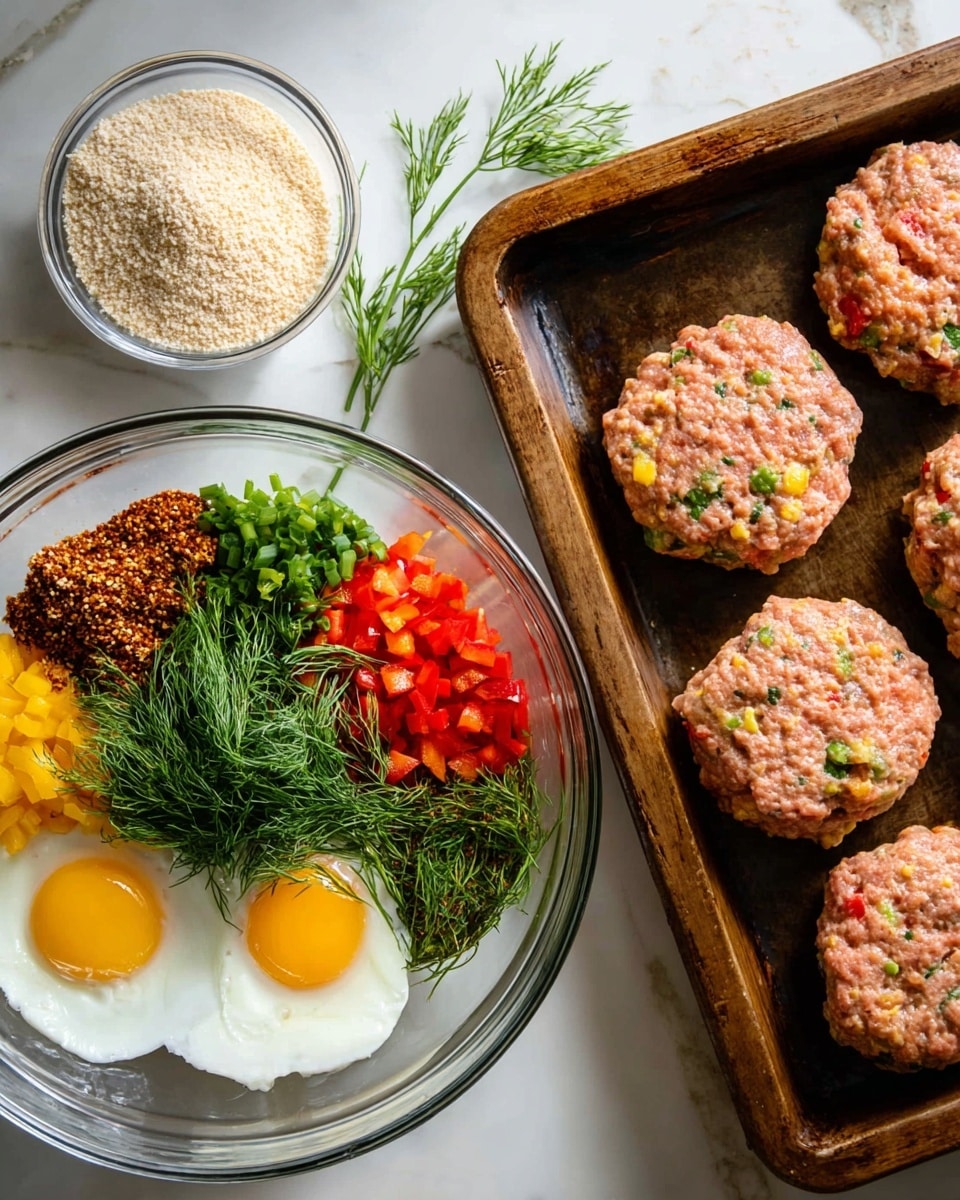 The image shows two parts: on the left is a clear glass bowl placed on a white marbled surface filled with raw burger mix ingredients layered separately, starting with finely chopped red, yellow, and green bell peppers on the bottom left, two raw eggs with bright yellow yolks beside them, brown ground meat mixed with spices on the top right, a dollop of white mayo near the meat, topped with fresh green dill sprigs in the center. To the back left of this bowl is a small round clear bowl filled with light beige breadcrumbs. On the right side of the image is a rustic baking tray holding six round raw burger patties displaying various small pieces of red, yellow, and green bell pepper mixed through light pink ground meat. The whole scene is set on a white marbled surface with natural light. Photo taken with an iphone --ar 4:5 --v 7