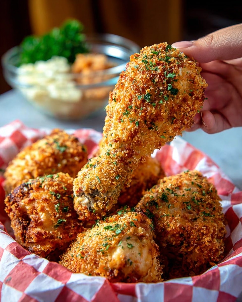 A close-up image shows a woman's hand holding a crispy golden brown chicken drumstick coated with a crunchy textured breading sprinkled with green herbs. Below it, five more drumsticks with the same coating pile up in a basket lined with a red and white checkered paper. In the blurred background, a glass bowl with food and some green leafy garnish sit on a white marbled surface. The warm colors and texture of the chicken contrast with the soft, smooth background. photo taken with an iphone --ar 4:5 --v 7