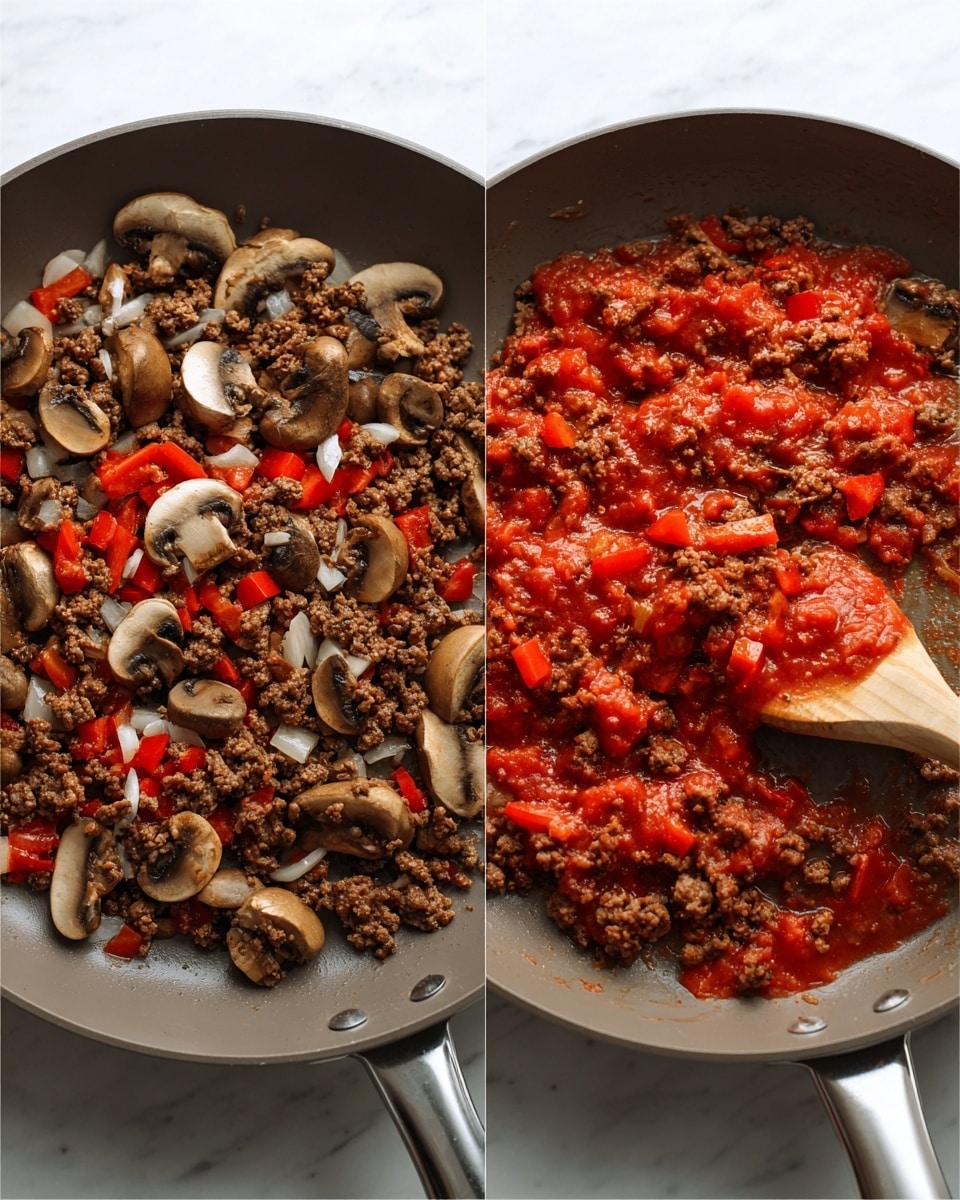 The image shows two gray frying pans side by side on a white marbled surface. The frying pan on the left contains cooked ground meat mixed with sliced brown mushrooms, finely chopped white onions, and small pieces of bright red bell pepper, all evenly spread across the pan in one layer. The frying pan on the right has the same mixture but with a rich red tomato sauce added, making the meat, mushrooms, and red bell pepper pieces appear coated and slightly submerged in the sauce. A wooden spoon with a white handle rests inside the pan on the right, stirring the simmering mixture. Photo taken with an iphone --ar 4:5 --v 7
