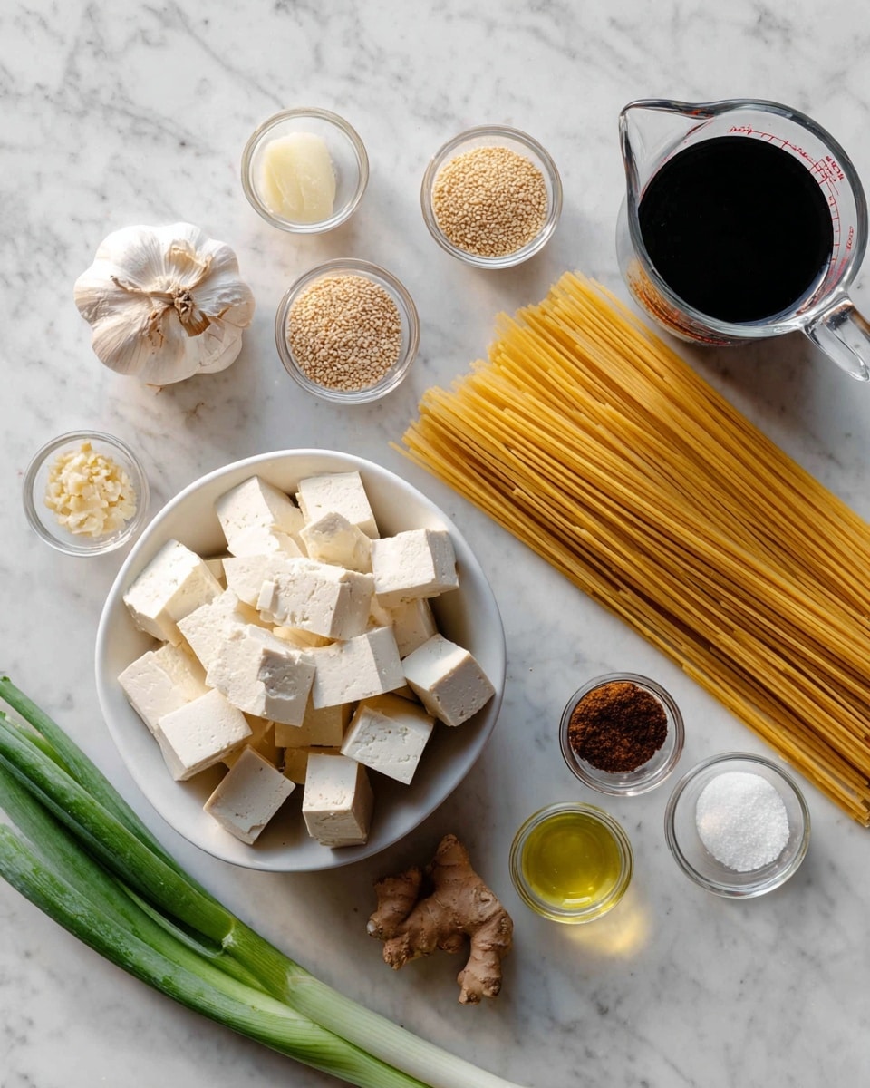 A top view of various cooking ingredients placed neatly on a white marbled surface; in the center is a white bowl filled with large white tofu cubes, to its right are long, dry yellow spaghetti and green onions. Around the bowl are small clear glass bowls containing light brown sesame seeds, dark brown paste, white powder, and light yellow oil. There is a whole white garlic bulb and a piece of light brown ginger root nearby. A transparent measuring cup filled with water and a small dark pitcher with a thick dark liquid are also present in the scene, photo taken with an iphone --ar 4:5 --v 7