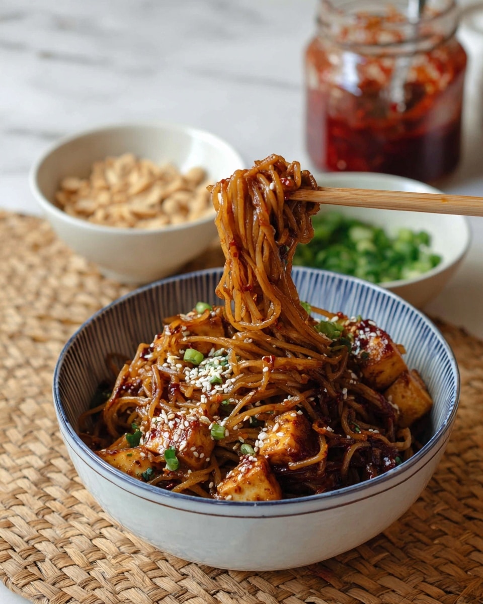 A black pan with a handle holds a dish made of two main layers: a base of brown noodles tangled together in the pan, covered with small pieces of golden-brown tofu scattered on top. The tofu cubes have a crispy, slightly browned surface and are sprinkled with white sesame seeds and chopped green onions, adding small green and white specks over the dish. The noodles have a shiny, slightly oily texture and dark color that contrasts with the lighter tofu. Around the pan's edge, the white marbled surface is visible, with additional white and green chopped garnishes nearby, along with a whole white garlic bulb and two red chopsticks positioned at the bottom. photo taken with an iphone --ar 4:5 --v 7