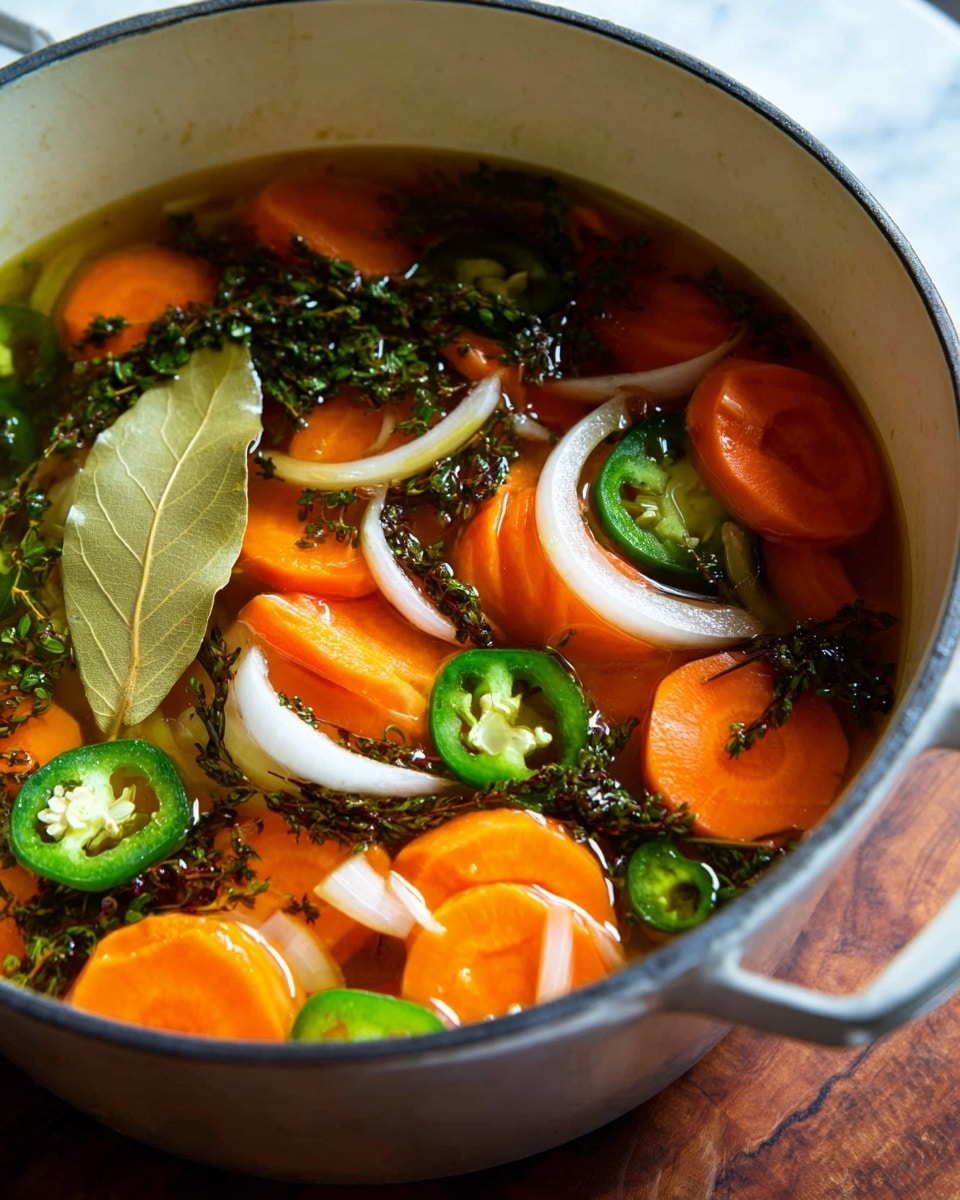 The image shows a white pot filled with a clear broth containing several layers of bright orange carrot slices, thinly sliced white onions, and green jalapeño rounds. There are dark green herbs scattered throughout the broth and a single large bay leaf floating on top. The pot is set on a white marbled surface with a wooden texture partly visible around it. The bright colors of the carrots and jalapeños contrast with the translucent onions and dark green herbs, giving a fresh and vibrant look. Photo taken with an iphone --ar 4:5 --v 7