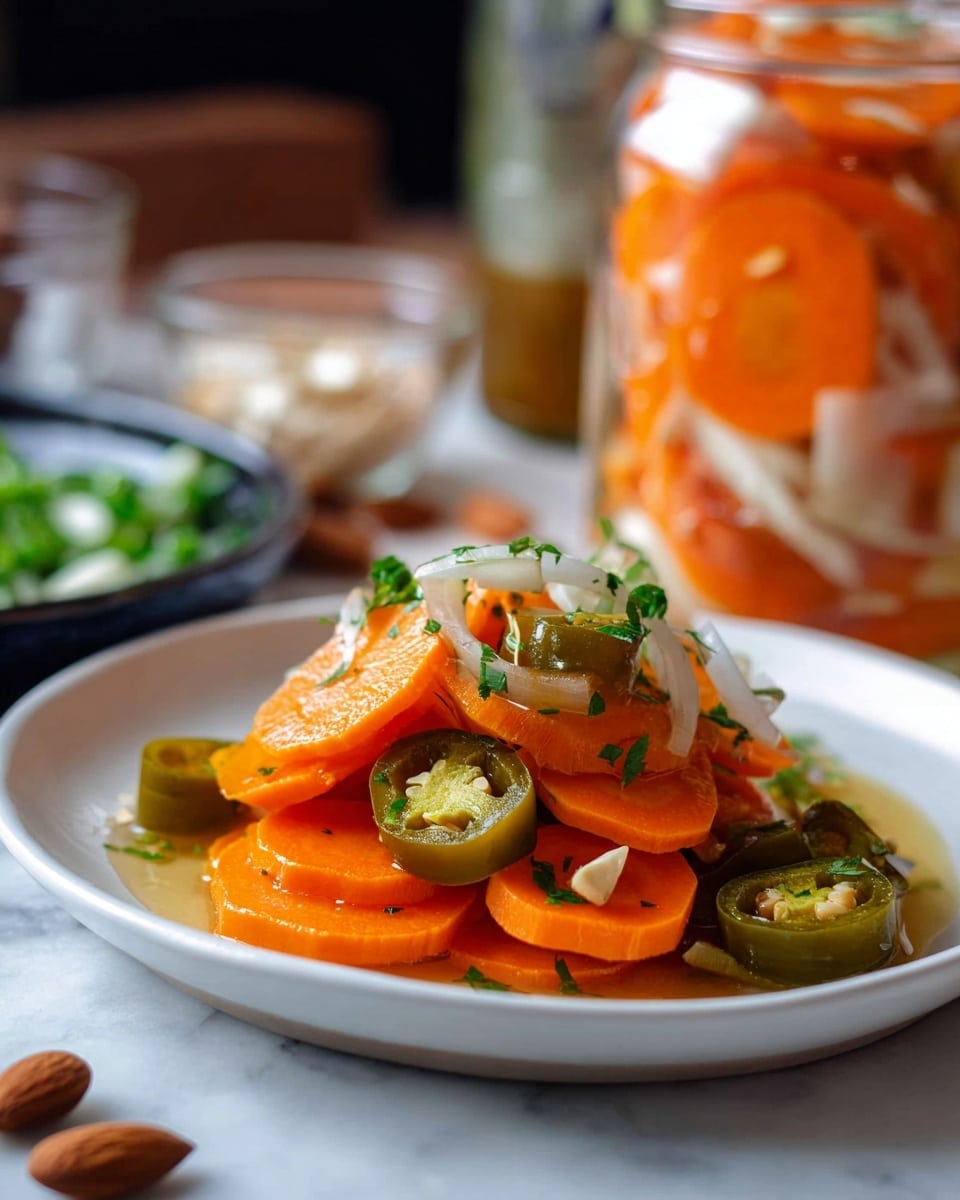 The image shows a white square plate filled with several thick slices of bright orange carrots, mixed with translucent, thin slices of white onions and a few green jalapeno slices. The vegetables are lightly coated in a shiny, slightly oily sauce with small green herb pieces scattered on top. The plate is set on a white marbled surface with a blurred background that includes a jar filled with similar vegetables and other kitchen items. photo taken with an iphone --ar 4:5 --v 7