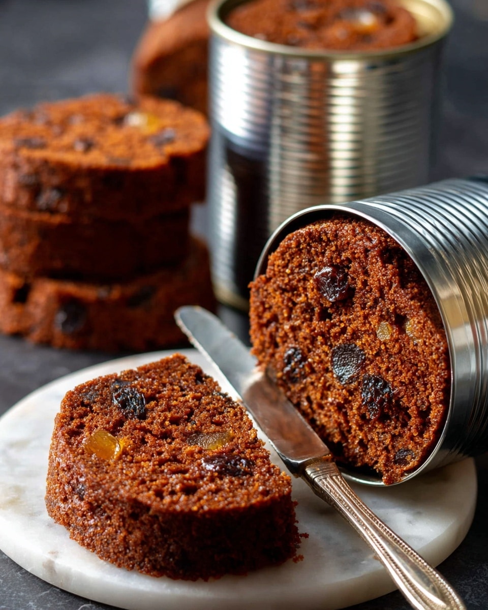 The image shows a close-up of three dark brown round slices of a moist fruitcake with visible pieces of dried fruit embedded inside. One thick slice is cut from a cylindrical cake resting inside a shiny silver tin can, which lies on its side on a white marbled surface. The fruitcake texture looks dense and slightly coarse, with a rich, deep brown color. A silver butter knife with a rounded blade is placed next to the slices, all positioned in front of another shiny tin can standing upright in the background. The scene is finished with soft natural light highlighting the textures and colors of the cake and metal tins. photo taken with an iphone --ar 4:5 --v 7