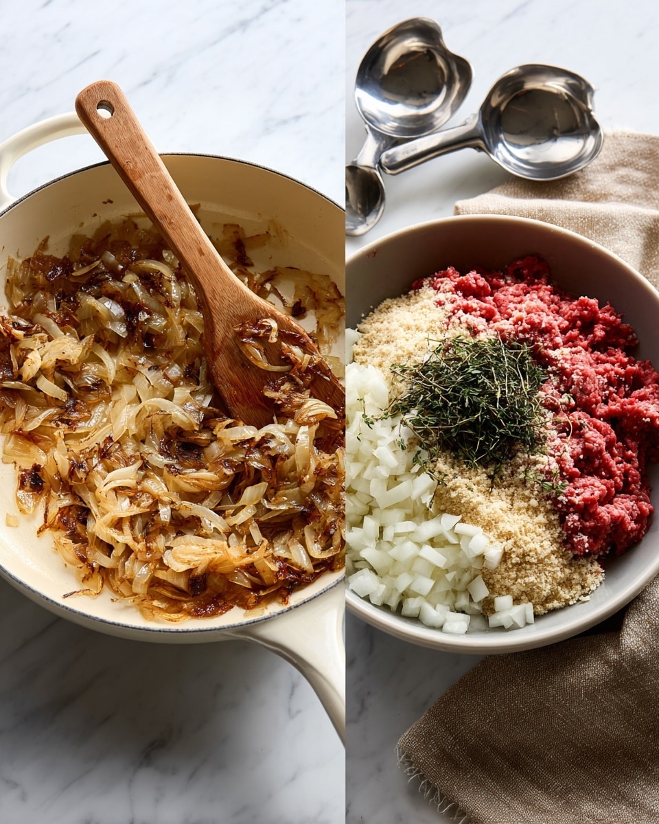 The left side shows a white pan with a single handle, filled with light brown caramelized onions that have some darker browned parts, and a wooden spatula resting inside, stirring the onions. The right side shows a white bowl with five layers of ingredients: at the bottom is bright red ground meat on the right, next to finely chopped white onions, topped with a small bunch of dark green herbs. To the left of the meat is a beige powdery layer of breadcrumbs, and beneath everything some yellowish liquid can be seen. Both items sit on a white marbled surface with a light brown textured cloth and silver ice cream scoops nearby. Photo taken with an iphone --ar 4:5 --v 7