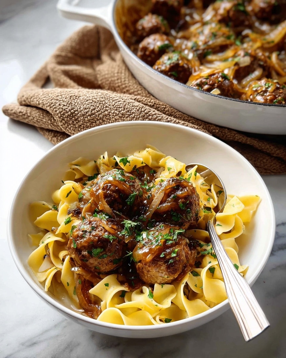 A white bowl holds a base layer of wide, yellow egg noodles with a slightly ruffled edge, topped by three round, browned meatballs covered with caramelized light brown onions in a thin brown sauce. The dish is garnished with chopped green herbs scattered over the meatballs and onions. A spoon with a white handle rests on the right edge of the bowl. Behind the bowl, a white skillet filled with more meatballs, onions, and sauce sits on a white marbled surface next to a folded textured brown towel. photo taken with an iphone --ar 4:5 --v 7