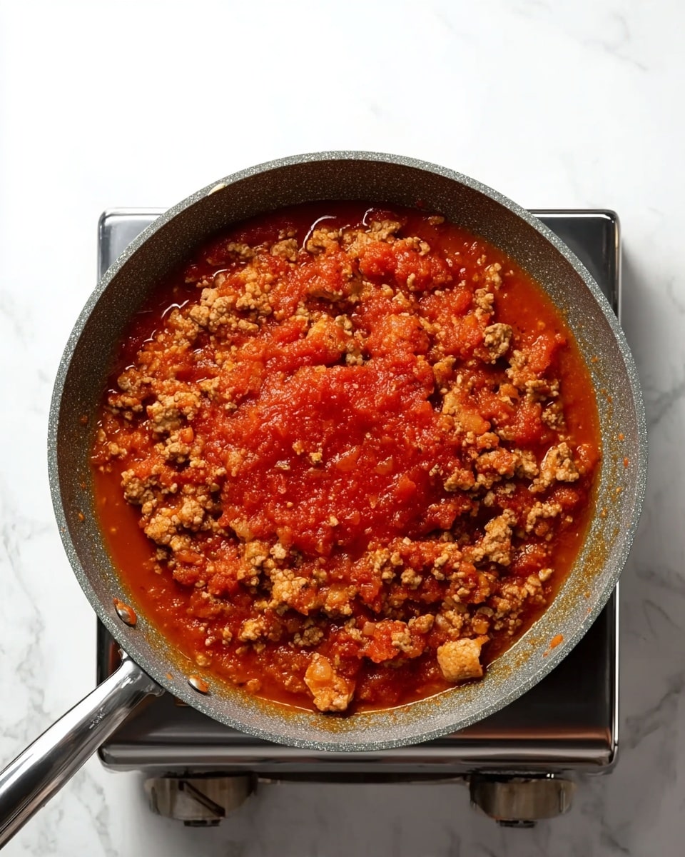 The image shows a gray pan filled with cooked ground meat mixed with tomato sauce. The meat is spread evenly around the pan with some chunks visible, and a bright red tomato sauce is spread over the meat in the center. The pan sits on a shiny metal stove burner, and the background is a white marbled texture. The pan handle extends out to the left side. photo taken with an iphone --ar 4:5 --v 7