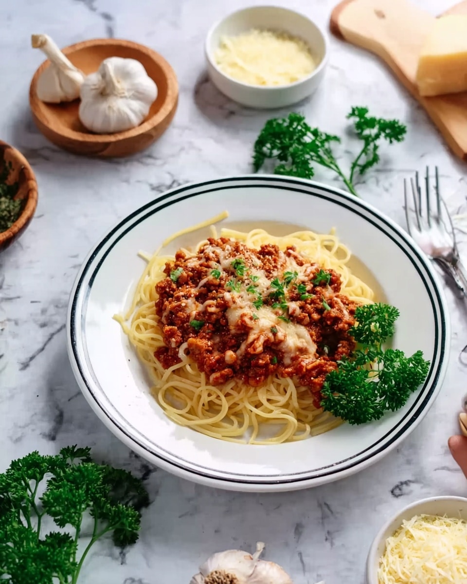 A white plate with a thin black rim holds a serving of spaghetti noodles topped with a layer of chunky red meat sauce covered by melted cheese. The sauce is meaty with a rich red color and small bits of green herbs sprinkled on top. A fresh green parsley sprig decorates the side of the plate. Around the plate are garlic bulbs, a small bowl of grated cheese, a small bowl of plain spaghetti, and some more parsley on a white marbled surface. A woman's hand is partially visible near the plate. photo taken with an iphone --ar 4:5 --v 7