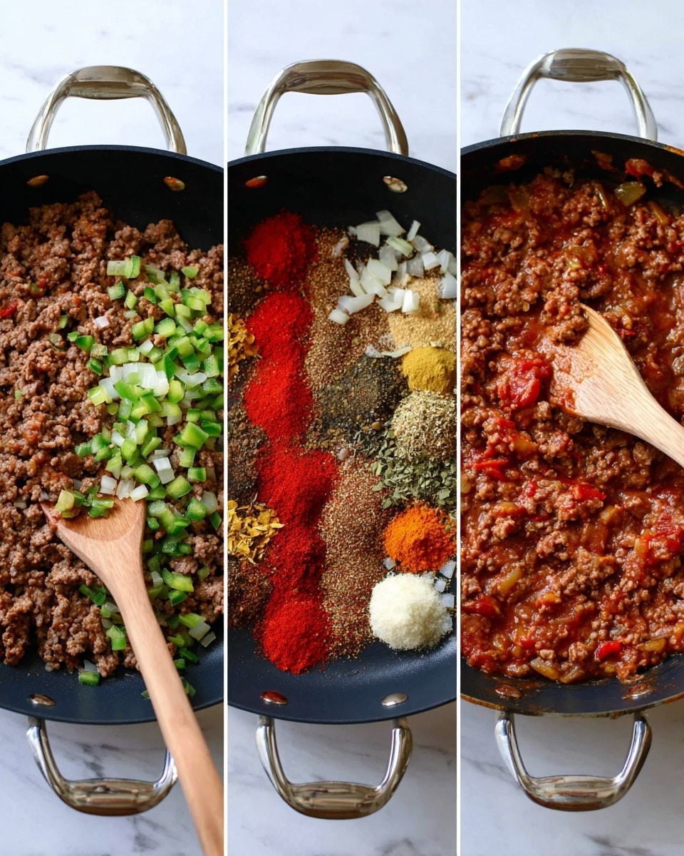 Three side-by-side images show a black pan with a silver handle on a white marbled surface. The first image has browned ground meat mixed with light green chopped bell peppers and white onion pieces, with a wooden spoon resting inside. The second image shows the same ingredients, plus several dollops of different colored sauces and spices: bright red, dark red, yellow, light brown, and orange powder, all sitting on top of the meat and vegetables. A wooden spoon is stirring the mixture. The third image shows the cooked mixture fully combined into a reddish, saucy ground meat dish with visible onion and bell pepper pieces, and the wooden spoon is resting inside. Photo taken with an iphone --ar 4:5 --v 7
