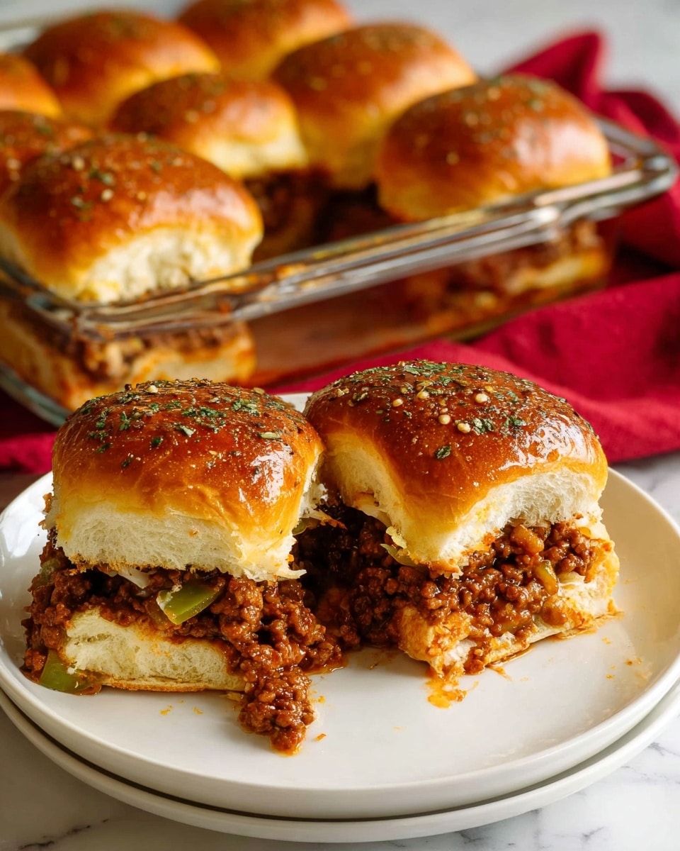 A close-up view of a fresh baked slider being lifted from a clear white dish with a metal spatula, showing one slider in focus with a golden brown bun on top, sprinkled lightly with herbs and red seasoning flakes. Inside the sandwich, there is a thick, cooked layer of finely chopped meat with a slightly moist texture, resting on a slice of melted cheese that peeks out from the sides. The tray below is full of similar small sandwiches, each topped with shiny golden buns seasoned with herbs and spices. The background is a smooth white marbled surface. photo taken with an iphone --ar 4:5 --v 7