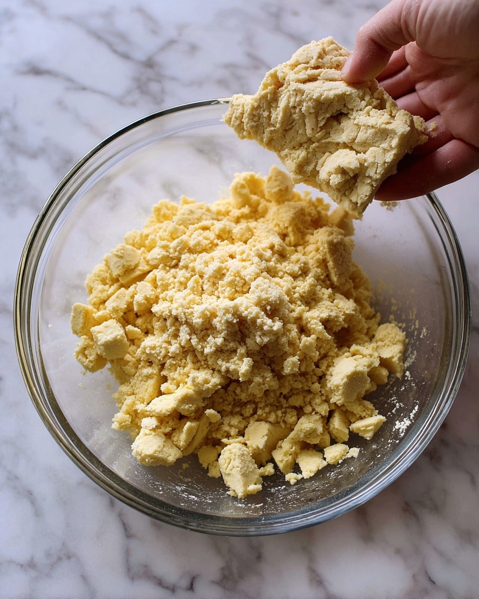 A clear glass bowl sits on a white marbled surface filled with pale yellow crumbly dough pieces. A woman's hand is pinching and holding a larger piece of the dough above the bowl, showing a rough, textured, and flaky consistency. The mix in the bowl looks soft and clumpy with uneven small chunks spread out. Photo taken with an iphone --ar 4:5 --v 7