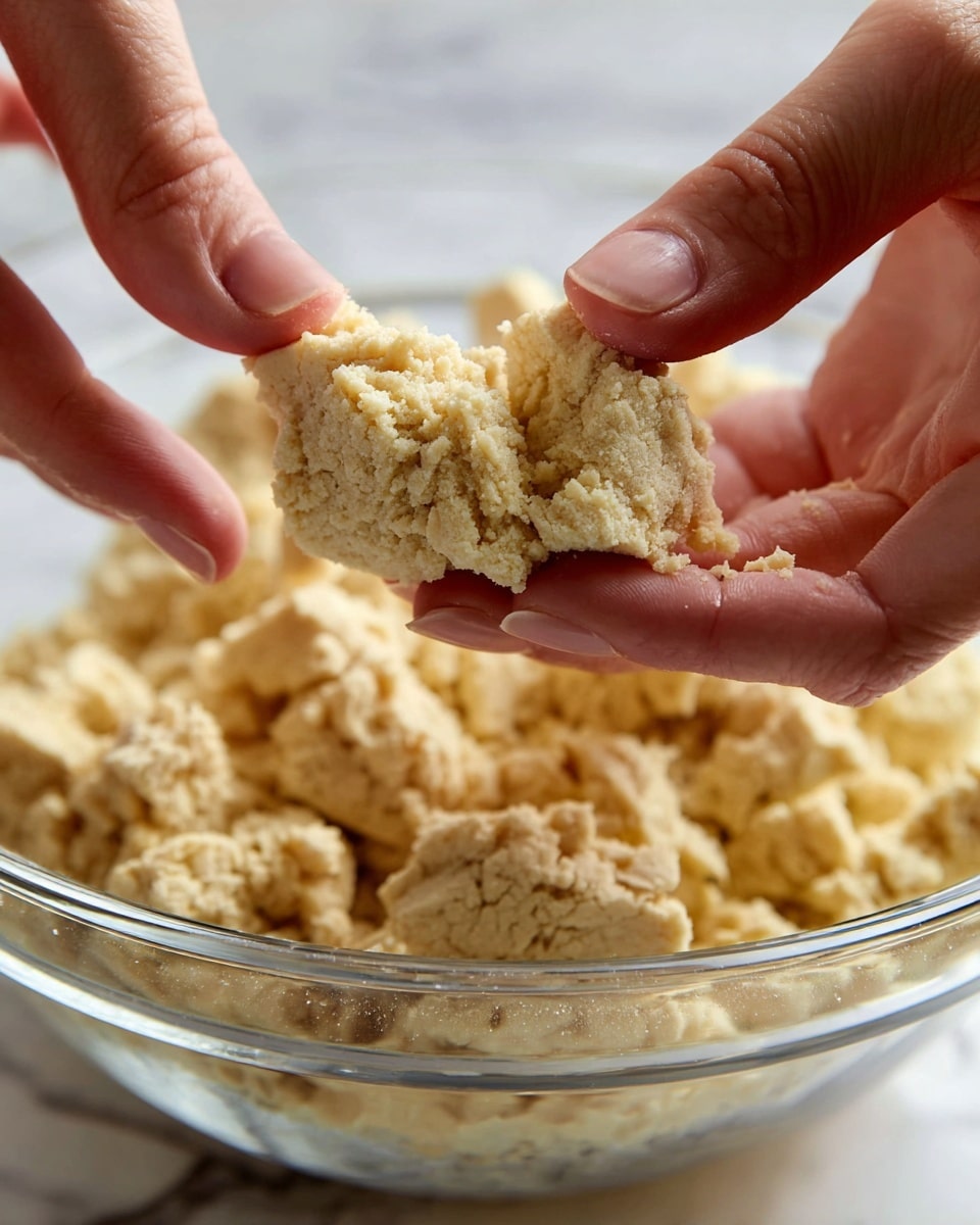 A close-up photo shows a woman's hand breaking apart a crumbly, pale beige dough piece, with a rough and grainy texture. In the background, inside a clear glass bowl, there are many similar crumbled dough pieces forming a loose pile, all with the same soft beige color and bumpy surface. The background surface has a white marbled texture, creating a clean and bright setting. Photo taken with an iphone --ar 4:5 --v 7