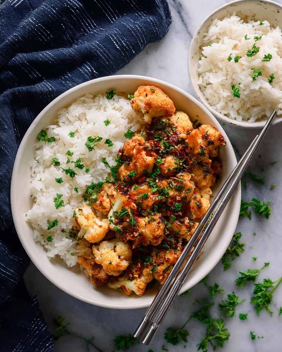 A bowl with two main layers: the bottom half filled with white rice sprinkled with green herbs, and the top half layered with a mix of cooked cauliflower pieces and small chunks of chicken coated in a shiny orange sauce with bits of red chili and garnished with chopped green herbs. Two silver chopsticks rest diagonally on the bowl's edge, and a white bowl filled with more white rice is blurred in the background on a white marbled surface. photo taken with an iphone --ar 4:5 --v 7