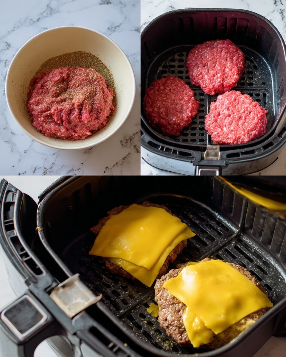 The image shows three steps of making cheeseburgers. The first part has a white bowl with raw ground meat mixed with spices, showing its red and speckled texture. The second part shows two raw patties placed inside a black air fryer basket, their pink meat close together. The third part has the same air fryer basket but with two cooked patties covered by melted yellow cheese slices, their smooth, creamy texture visible. The background is a white marbled surface in all parts. photo taken with an iphone --ar 4:5 --v 7
