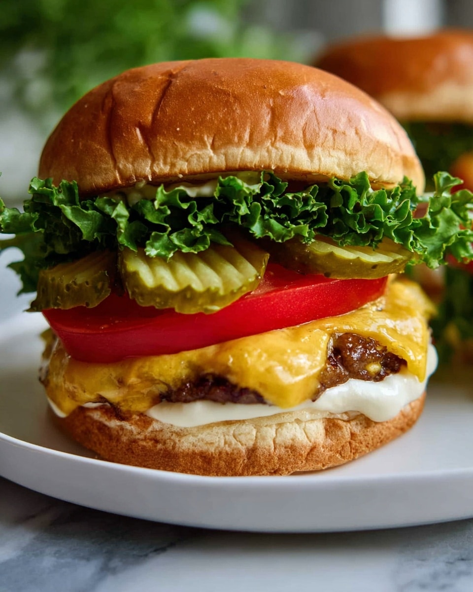 A cheeseburger on a white plate shows a soft, toasted light brown bun on top, with a layer of white mayo spread inside the top bun. Below that are two round green pickle slices resting on two slices of bright red tomato. Under the tomatoes is a hot, juicy beef patty covered with melted yellow cheddar cheese. At the bottom, there is a fresh, leafy green lettuce sitting on the bottom bun, which is light brown and toasted. Two extra pickle slices sit on the white plate next to the burger. The plate is on a white marbled surface. Photo taken with an iphone --ar 4:5 --v 7