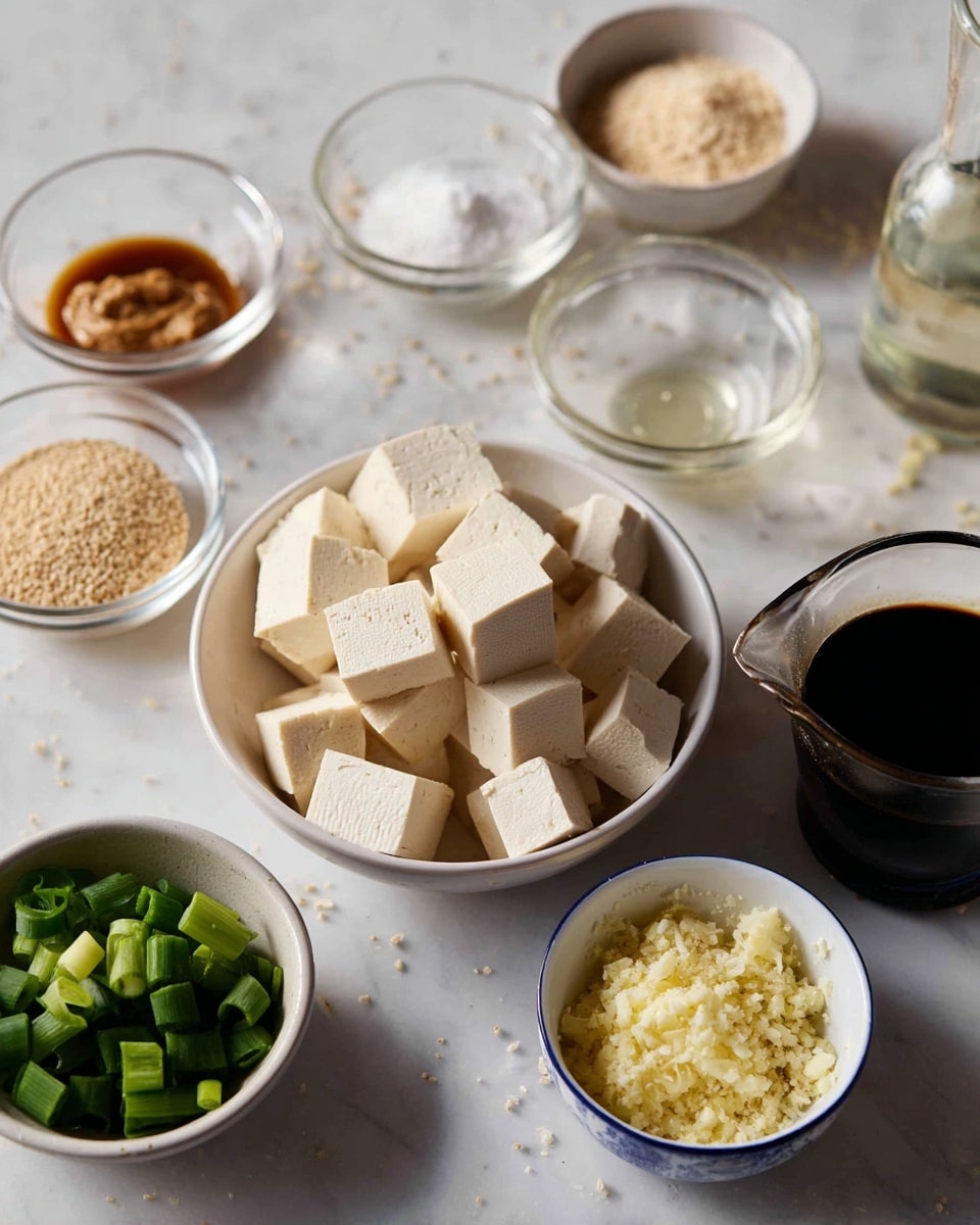 A white bowl filled with large, neat off-white tofu cubes sits in the center on a white marbled surface. Around it are small clear glass bowls holding light brown paste, a clear liquid, and white powder, along with a small white bowl containing light tan sesame seeds, a white bowl with chopped green onions, and another white bowl with a blue rim holding finely chopped pale yellow garlic and ginger. To the right, there is a small clear pitcher filled with dark soy sauce. All items are spaced evenly to form a balanced layout. Photo taken with an iphone --ar 4:5 --v 7