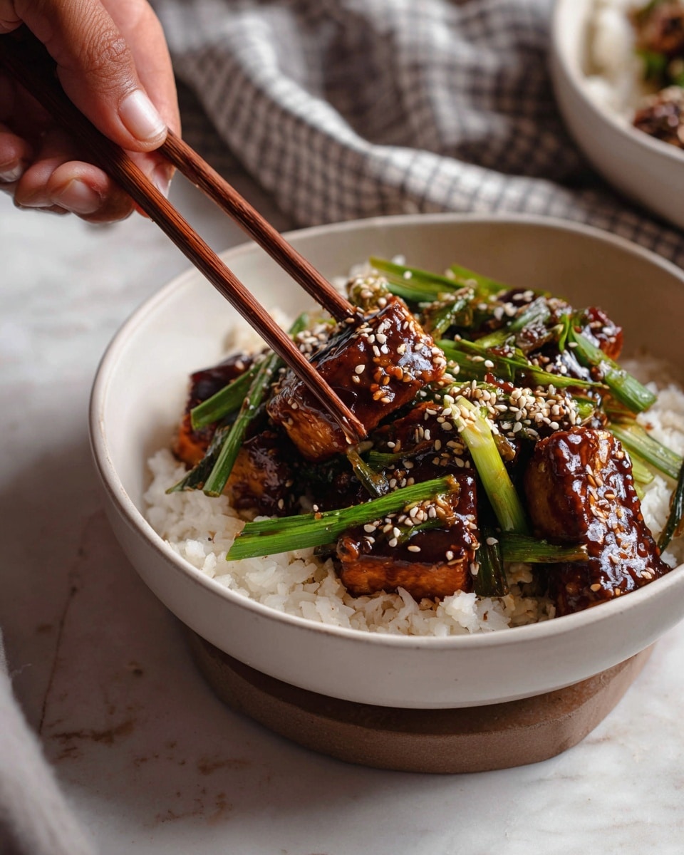 A white bowl filled with two visible layers: a base of white steamed rice and a top layer of dark brown glazed tofu pieces mixed with green onion stalks, sprinkled with white sesame seeds. A woman's hand holding brown wooden chopsticks is picking up a piece of tofu, with a white marbled surface and a soft gray checkered cloth in the background. Photo taken with an iphone --ar 4:5 --v 7