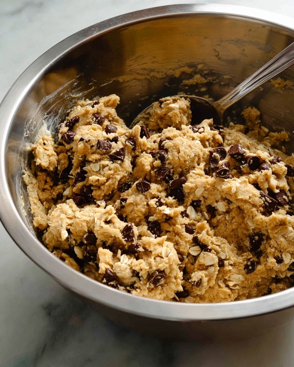 A close-up view of a large silver metal bowl filled with chunky cookie dough mixed with dark chocolate chips. The dough is light brown and has a thick, rough texture with visible oats and chocolate pieces spread evenly throughout. A silver spoon is partially buried in the dough, with some dough stuck on it. The bowl is placed on a white marbled surface, creating a clean and simple background. Photo taken with an iphone --ar 4:5 --v 7