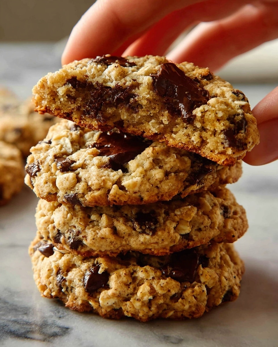 A stack of three thick oatmeal chocolate chip cookies sits on a white marbled surface, with a woman's hand holding a fourth cookie broken in half above the stack. Each cookie is light golden brown with a rough, crumbly texture, dotted generously with dark chocolate chips. The broken cookie reveals a soft, chewy inside with more hidden chocolate chips, showing uneven, chunky layers of oats and chocolate. The warm tones and close-up view highlight the cookies' hearty, homemade look. Photo taken with an iphone --ar 4:5 --v 7
