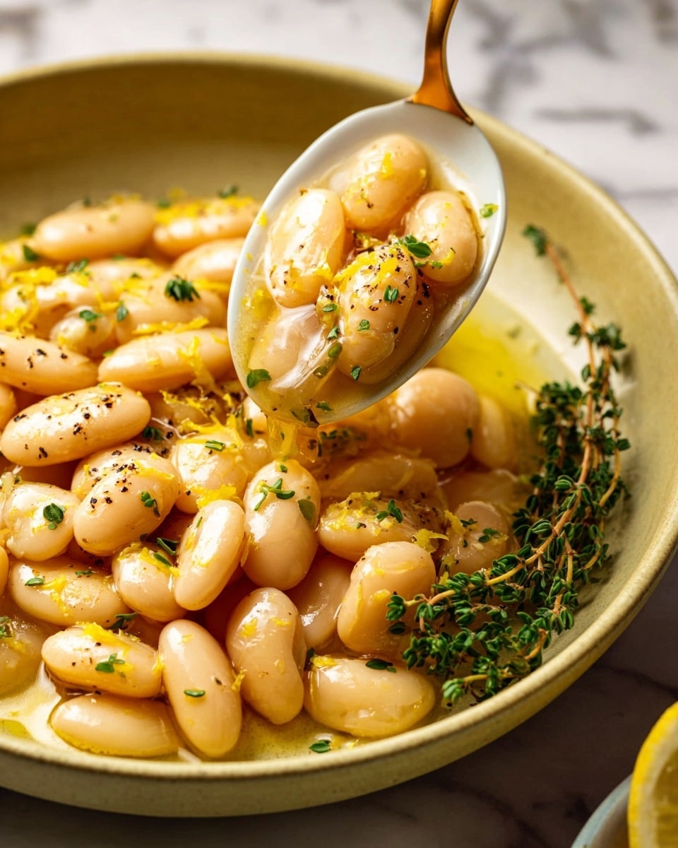 A close-up shot of a pale yellow bowl filled with large creamy white beans in a shiny light yellow sauce, mixed with small bits of bright yellow zest and tiny green herb leaves. The beans are smooth and plump with some black pepper sprinkled on them. A white and gold spoon is scooping some beans and sauce from the bowl. The bowl sits on a white marbled surface with some sprigs of green herbs around it, photo taken with an iphone --ar 4:5 --v 7