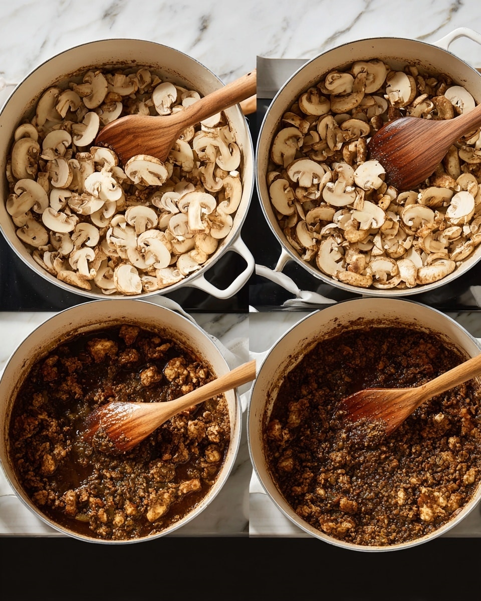 The image shows three white pans on a white marbled surface, each displaying different stages of cooking a mushroom and ground meat dish. In the first pan, there are many pale beige mushroom slices mixed with browned ground meat and a wooden spatula resting inside. The second pan shows the mushrooms and meat more cooked and mixed, with the wooden spatula slightly stirring the thickening mixture. The third pan reveals a darker brown sauce covering the mushrooms and meat, with the wooden spatula placed inside the pan, stirring the simmering contents. All pans are evenly lit and captured from above. photo taken with an iphone --ar 4:5 --v 7