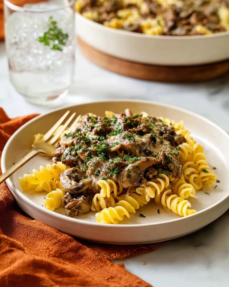 A white round plate holds a single serving of pasta with two layers: the bottom layer is yellow spiral pasta with a soft texture, and the top layer is a creamy brown sauce mixed with small pieces of cooked mushrooms and minced meat, garnished with small green herb flakes. The plate sits on a white marbled surface with a fork on the left and an orange cloth napkin on the right. In the background, there is a matching white bowl filled with more of the same dish, and a clear glass of ice water is visible to the left. photo taken with an iphone --ar 4:5 --v 7