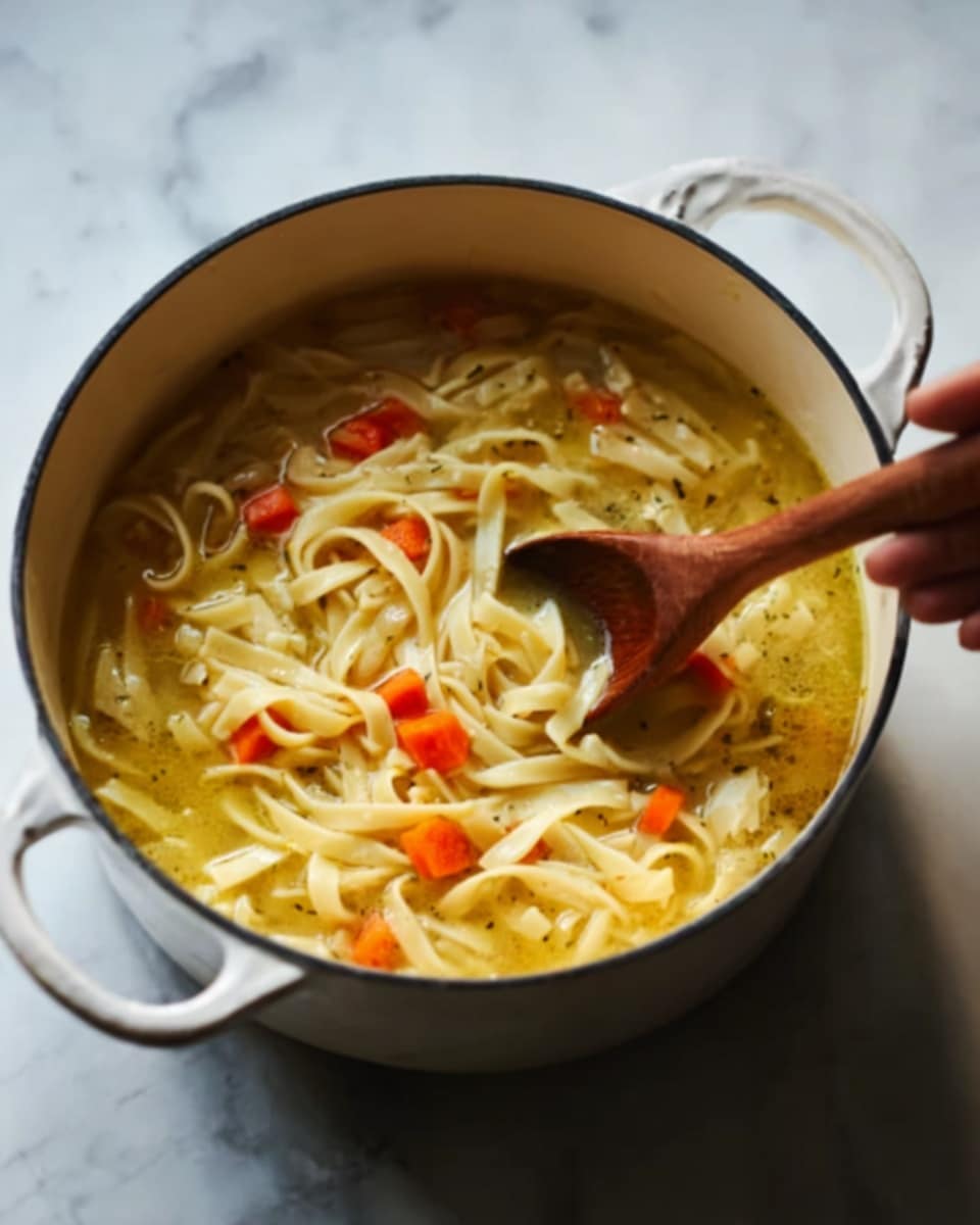 A white pot filled with a soup containing wide, flat light yellow noodles in several uneven layers, smaller pieces of light beige meat scattered throughout, and round bright orange carrot slices spread evenly, all submerged in a clear golden broth. A metal ladle with a dark handle dips into the soup from the top right, resting inside the pot. The pot is placed on a white marbled surface. photo taken with an iphone --ar 4:5 --v 7