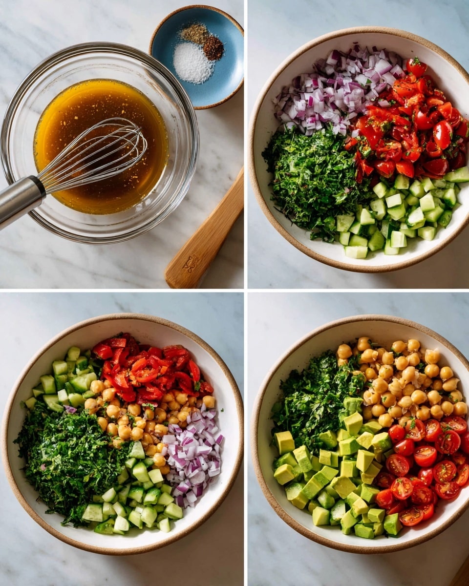 The image shows four stages of making a fresh salad. In the first stage, there is a clear glass bowl with a brown dressing and a metal whisk inside, placed on a white marbled surface next to a small dish with salt and pepper. The second stage shows a white bowl filled with six separate piles of chopped ingredients: red onion, green herbs, red roasted peppers, cucumber chunks, cherry tomato halves, and chickpeas, all arranged in sections. The third stage adds green avocado cubes on top of the ingredients in the same white bowl, keeping the sections distinct. The final stage shows all the ingredients mixed together in the white bowl, creating a colorful mix of green, red, and beige textures. Photo taken with an iphone --ar 4:5 --v 7