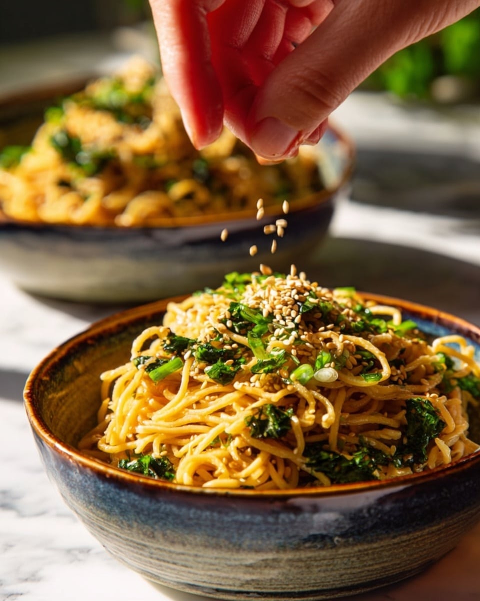 A bowl filled with a tangled pile of light brown noodles mixed with bright green chopped herbs, topped with light tan sesame seeds being sprinkled from a woman's hand above. The bowl is round and ceramic with a rustic brown and blue glaze, sitting on a white marbled surface. In the background, there is another similar bowl slightly out of focus with the same noodles and herbs. The photo is brightly lit with natural light coming from the side. photo taken with an iphone --ar 4:5 --v 7