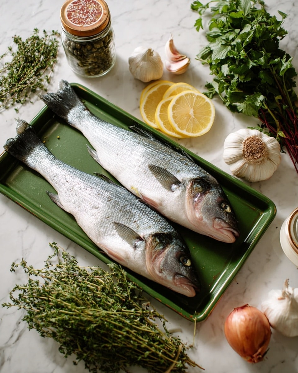 Two whole raw fish with silver scales and blue-gray heads lie side by side on a green rectangular tray; to the left of the fish are four thin lemon slices arranged overlapping in a small pile. Around the tray on a white marbled surface are fresh green herbs in loose bunches, a whole bulb of garlic with white papery skin, a small round brown onion, a glass jar of organic capers with a brown lid, and sprigs of thyme with green leaves. The overall setting is bright and clean with natural light. Photo taken with an iphone --ar 4:5 --v 7