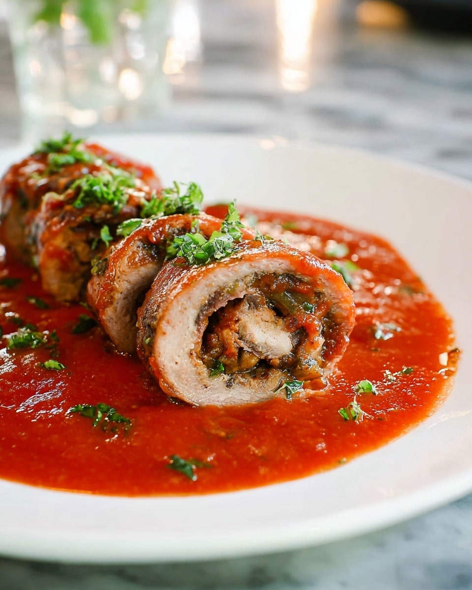 The image shows a close-up of three thick rolls on a white plate, each roll made of thin layers of brown meat wrapped around a lighter, spiced filling with some darker bits inside. The rolls are arranged in a line, one behind the other, and are covered with a bright red-orange sauce that has a chunky texture and small green bits sprinkled on top, likely herbs. The sauce pools on the white marbled surface beneath the plate, adding a rich, glossy look. photo taken with an iphone --ar 4:5 --v 7