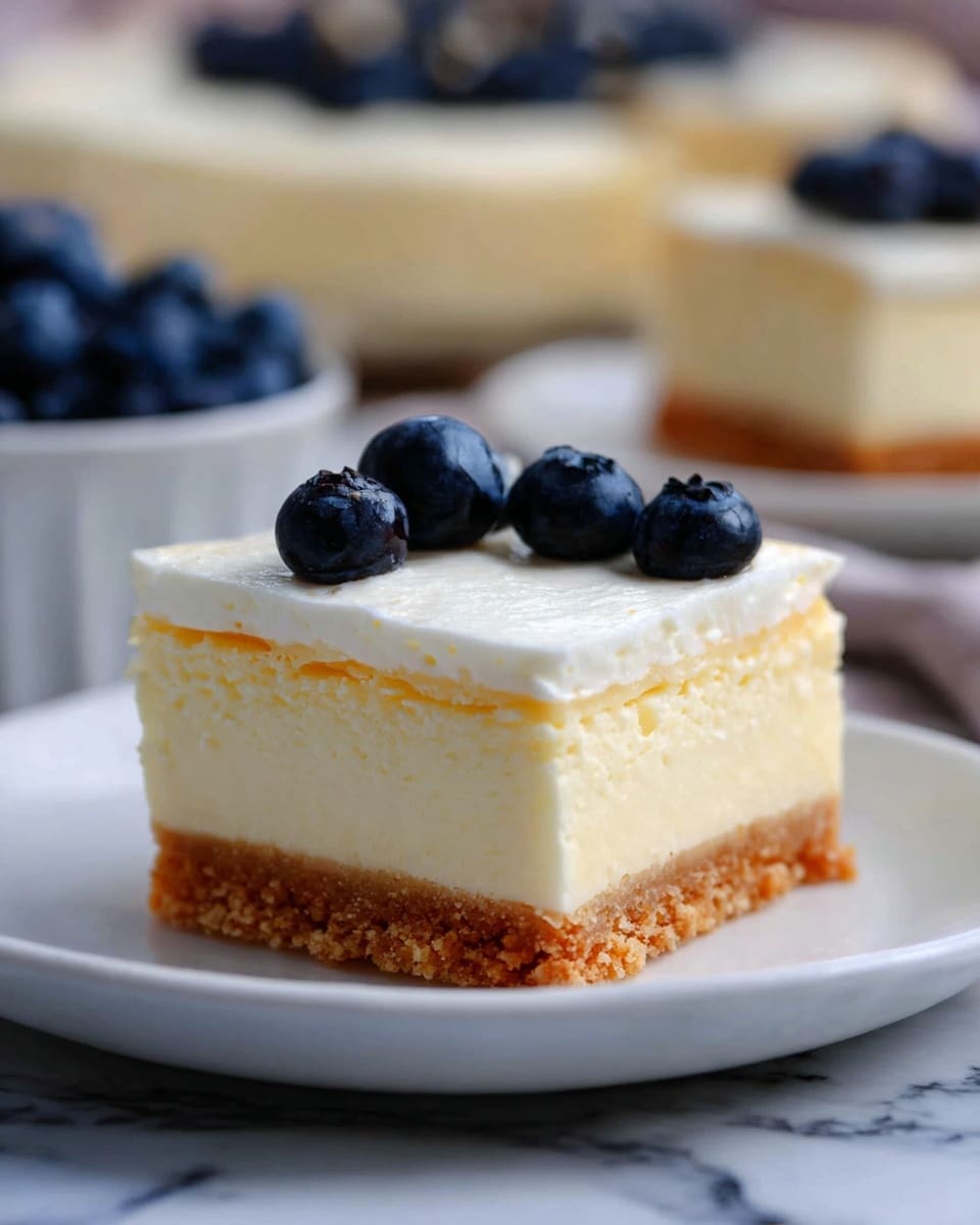 A close-up of a three-layer cheesecake on a white plate, placed on a white marbled surface. The bottom layer is a golden-brown crust, looking a bit crumbly. The middle layer is thick, creamy, and pale yellow with a soft, smooth texture. The top layer is a smooth, white cream, flat and even. Three dark blue blueberries are placed on the top layer, slightly out of focus in the background. Photo taken with an iphone --ar 4:5 --v 7