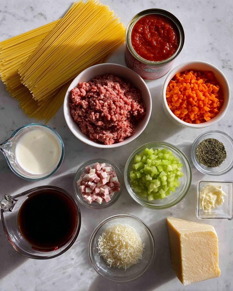 The image shows an arrangement of cooking ingredients on a white marbled surface. There is a stack of dry yellow spaghetti strands on the left side. Next to it, a white bowl contains raw ground meat with a textured surface. Above this bowl, there is an open can with red tomato sauce. To the right, a white bowl holds finely chopped orange carrots and light green celery pieces, side by side. Below the tomato can, a clear glass measuring cup with white cream is placed. A small clear bowl with dark brown liquid sits below the cream. Next to the dark liquid, a transparent container has small light pink diced pieces, likely pancetta. Above this container, a tiny white square dish has minced pale yellow garlic. On the right side are two clear bowls; one contains dried green herbs and the other contains white salt. In the bottom right corner, a chunk of beige hard cheese with a rough surface is placed. The photo taken with an iphone --ar 4:5 --v 7