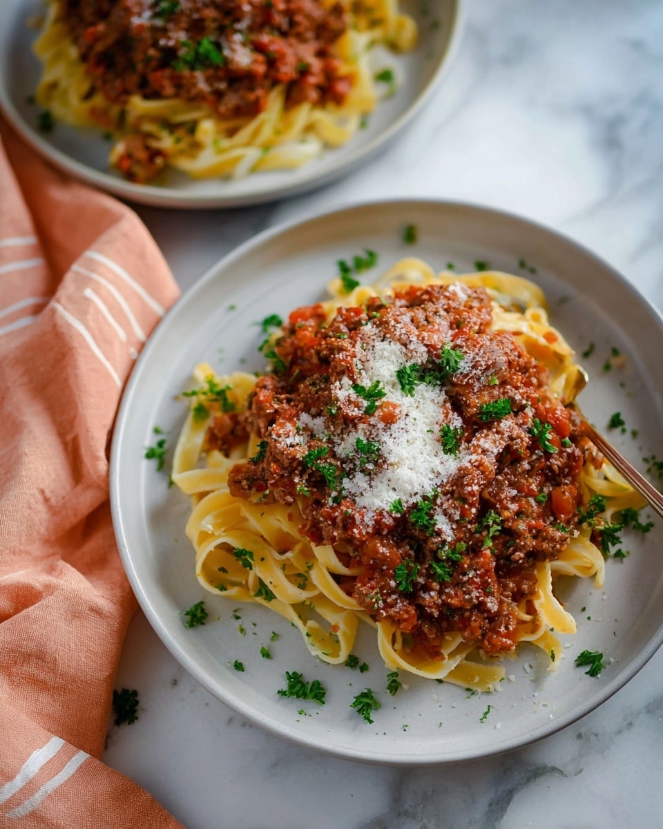 A white pot holds a mix of tagliatelle pasta layered with a chunky, reddish tomato sauce that includes browned ground meat and small bits of vegetables. The pasta strands are long and slightly curled, blending into the sauce. Grated cheese is lightly sprinkled over the top, adding a fine, pale texture. Small green herb pieces are scattered across the surface, adding color contrast. Two silver utensils are inserted into the pot, one held by a woman's hand, lifting some pasta. The whole scene is set against a white marbled surface photo taken with an iphone --ar 4:5 --v 7