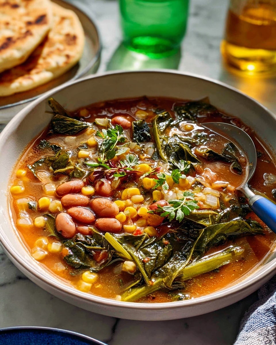 A white round pot with two handles is filled with a thick soup that has three main visible layers: the top layer showing dark green leafy vegetables spread unevenly across, the middle layer with small yellow corn kernels and light brown beans scattered around, and the bottom layer of rich orange-brown broth with bits of cooked onions visible. The pot is placed on a white marbled surface with a small glass jug of golden oil and a stack of white plates just behind it. A blue and white checkered cloth rests near the pot. Photo taken with an iphone --ar 4:5 --v 7