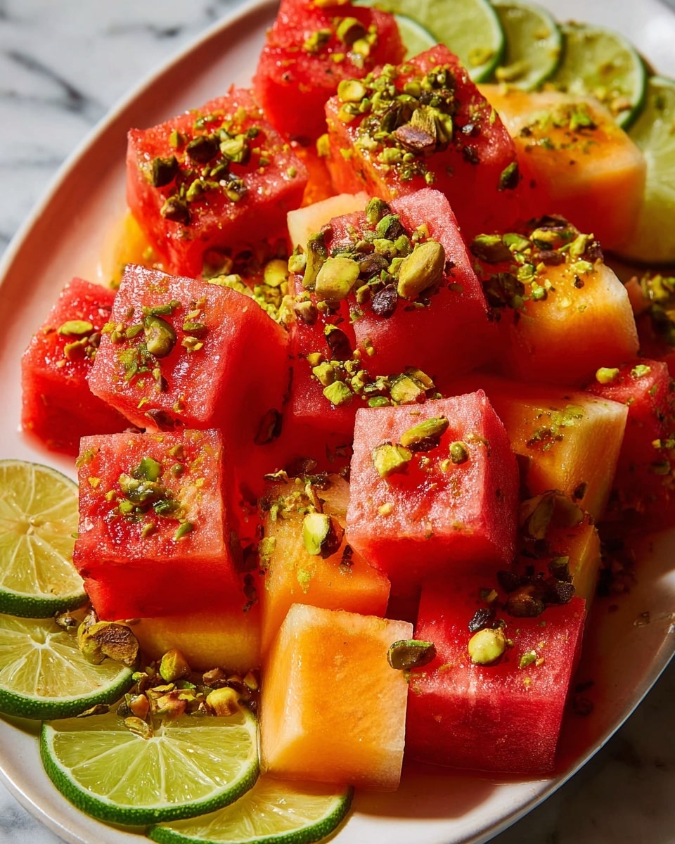 The image shows a close-up of a dish with two layers of cubed fruit: the bottom layer has pale orange melon cubes, and the top layer has bright red watermelon cubes, all arranged closely together on a white plate. Scattered over the fruit are small green chopped pistachios, adding texture and color contrast. There are a few thin slices of lime visible beneath the fruit cubes at the edges of the plate. The fruit looks juicy and shiny with a light glaze of syrup around and on top, giving a fresh and appetizing appearance. The dish is set on a white marbled surface. photo taken with an iphone --ar 4:5 --v 7
