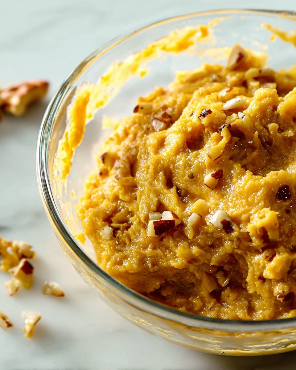 The image shows a close-up of thick, mashed yellow-orange mixture with small, soft chunks and bits of brown nuts throughout. The mixture is inside a clear glass bowl, with some of it sticking to the sides. The bowl is placed on a white marbled surface, with a few small pieces of the mixture scattered nearby. The texture of the mash looks moist and slightly sticky, with a rustic, homemade appearance. photo taken with an iphone --ar 4:5 --v 7