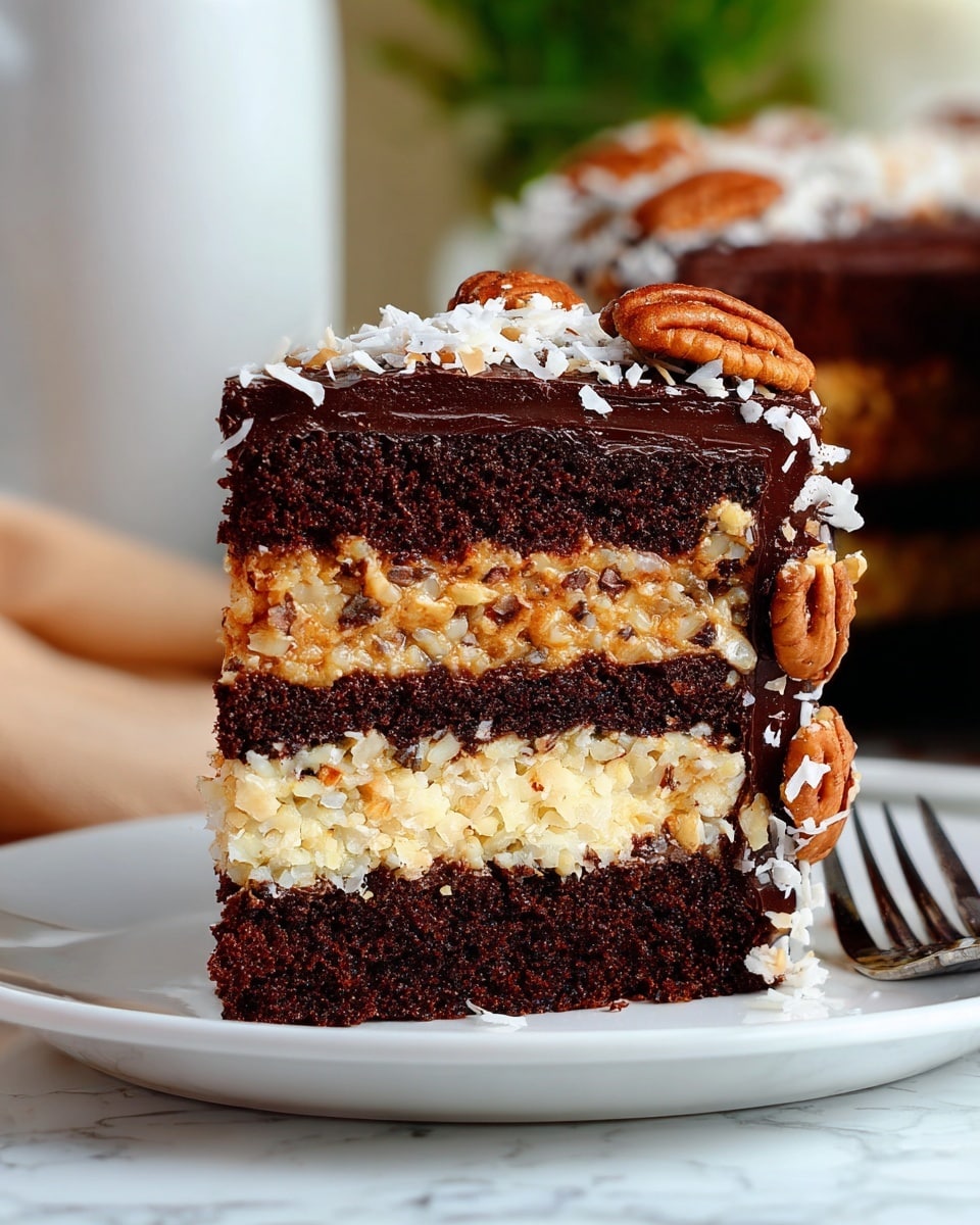 A slice of layered dessert is shown with five distinct layers on a white plate, on a white marbled surface. The bottom layer is dark brown, moist-looking cake followed by a thick beige layer with visible small chunks, likely coconut or nuts. Above this is a solid dark brown layer of cake, then another beige chunked layer similar to the second. The top layer is dark chocolate frosting textured thickly, decorated with white shredded coconut, walnut pieces, and pecan halves on the right side. The background is softly blurred with neutral colors. Photo taken with an iphone --ar 4:5 --v 7
