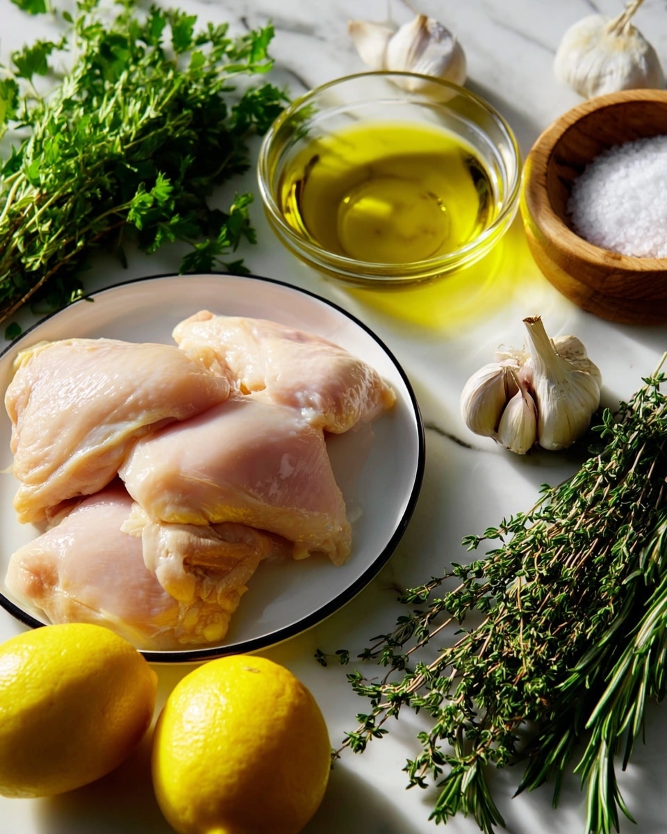 The image shows a white plate with black rim holding four raw, pale pink chicken pieces stacked unevenly. Nearby on a white marbled surface, there are two bright yellow lemons with shiny skin, a small clear glass bowl filled with golden olive oil, and several bunches of green herbs including rosemary and thyme. There are also whole garlic bulbs with pale purple-striped skin and a round wooden salt container filled with coarse white salt. The overall setting shows fresh ingredients arranged neatly on the white marbled background. photo taken with an iphone --ar 4:5 --v 7