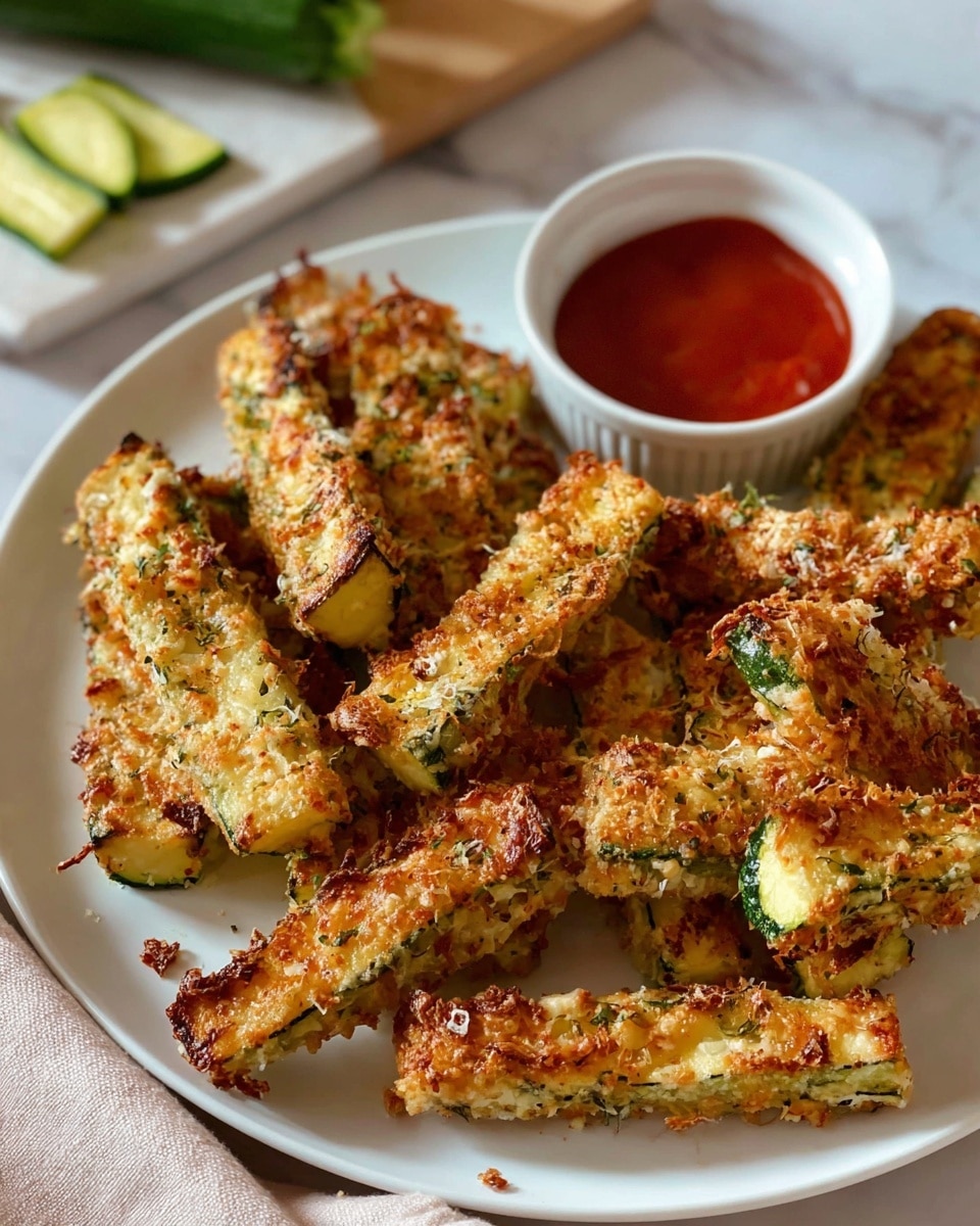 A white plate is filled with many pieces of golden brown zucchini fries that have a crispy, textured coating with hints of herbs and light green zucchini skin showing through. In the center of the plate is a small white bowl filled with bright red ketchup, its surface shiny and smooth, creating a strong color contrast with the fries. The plate is set on a white marbled surface with two green zucchinis lying nearby. Photo taken with an iphone --ar 4:5 --v 7