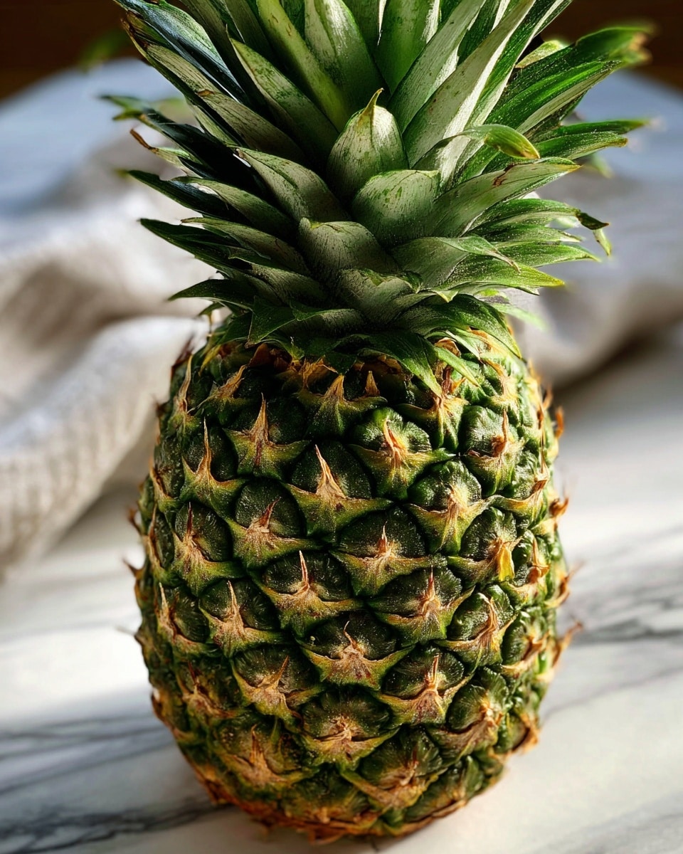 A close-up image of a whole pineapple standing upright on a white marbled surface, showing its thick, rough skin with a mix of dark green and yellow-brown scales arranged in a diamond pattern, topped with spiky green leaves that fan out at the crown, each leaf showing a slightly frosted texture and some light yellow edges, with natural light highlighting the details and textures of the pineapple's surface photo taken with an iphone --ar 4:5 --v 7