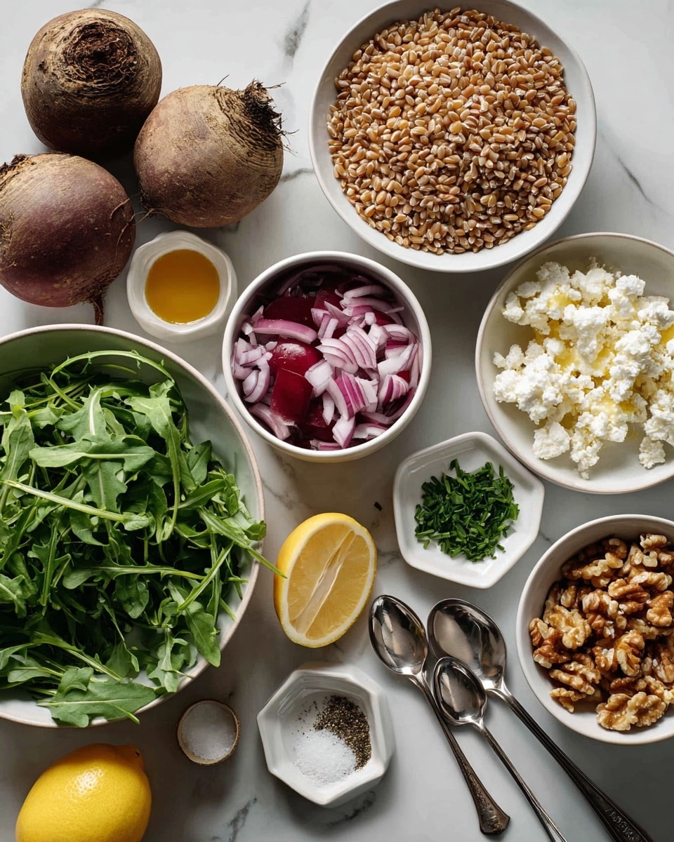 The image shows a white marbled surface with fresh ingredients arranged neatly. There are three whole raw beets with rough brown shells near the top. To the left in a white bowl, bright green leafy arugula fills the space. Next to it, a white bowl holds chopped red onions with purple and white pieces. Nearby, another white bowl contains crumbled white goat cheese. A larger white bowl is filled with light brown wheat berries with a shiny, smooth texture. Below these, a white bowl holds chopped walnuts in warm brown tones. Two metal spoons at the bottom right carry small amounts of grainy mustard and minced garlic, beside a hexagonal white dish with pale golden honey. There are also small white containers holding black pepper and salt, some chopped green herbs, and a bright yellow lemon sitting near the lower middle. Photo taken with an iphone --ar 4:5 --v 7