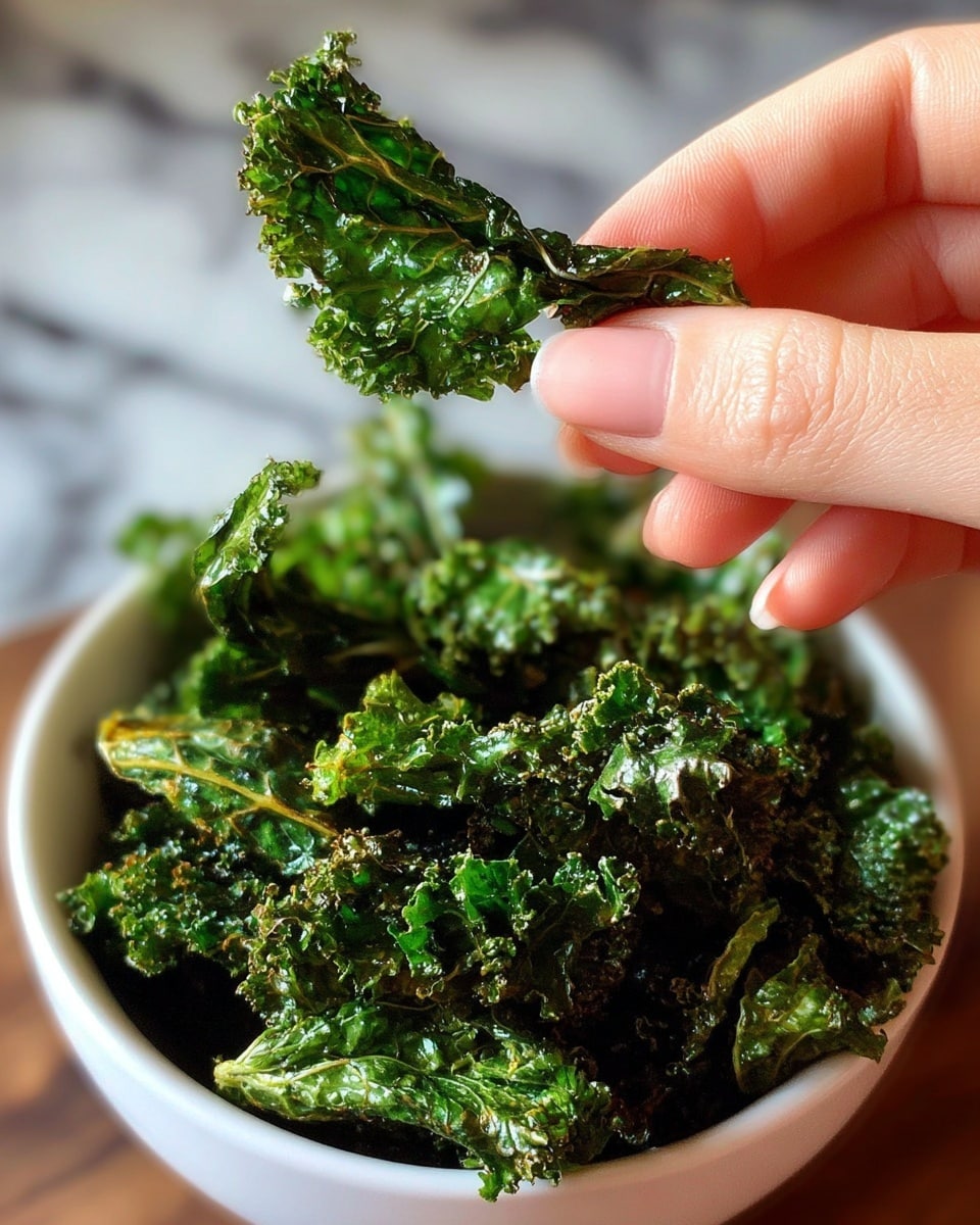 A close-up view of a white bowl filled with crispy kale chips. The kale leaves are deep green with some areas showing a slightly lighter, yellowish green, and they have a rough, crinkled texture with curled edges, stacked unevenly inside the bowl. The bowl sits on a wooden surface replaced with a white marbled texture in the background. photo taken with an iphone --ar 4:5 --v 7