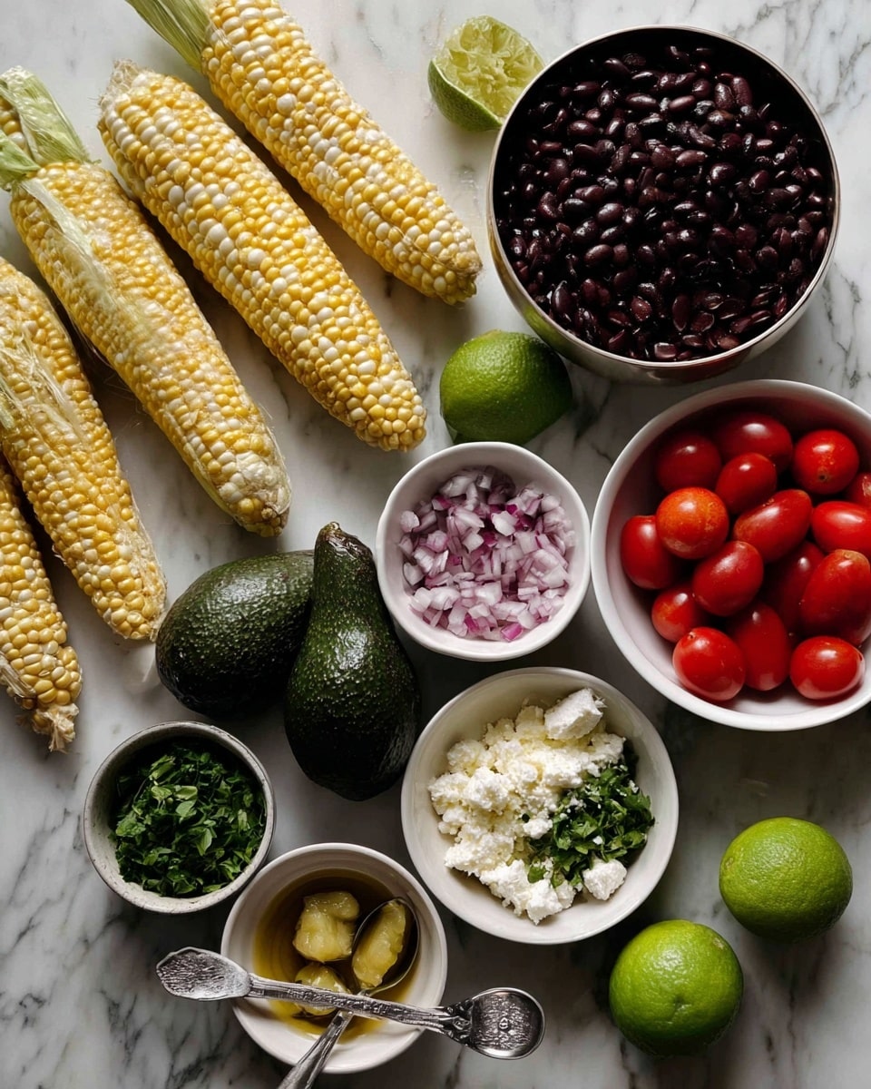 A top view of fresh ingredients arranged on a white marbled surface, including four ears of yellow and white corn clustered on the left, a shiny bowl filled with dark purple black beans at the top right, and a white bowl of bright red cherry tomatoes halved below the corn. Two whole dark green avocados sit in the middle, surrounded by small white bowls containing finely chopped red onion, crumbly white cheese, and chopped fresh green herbs. Two whole green limes are placed near the bottom, with two silver spoons holding minced garlic and chopped green chili, and a small amount of golden liquid in nearby white containers. photo taken with an iphone --ar 4:5 --v 7