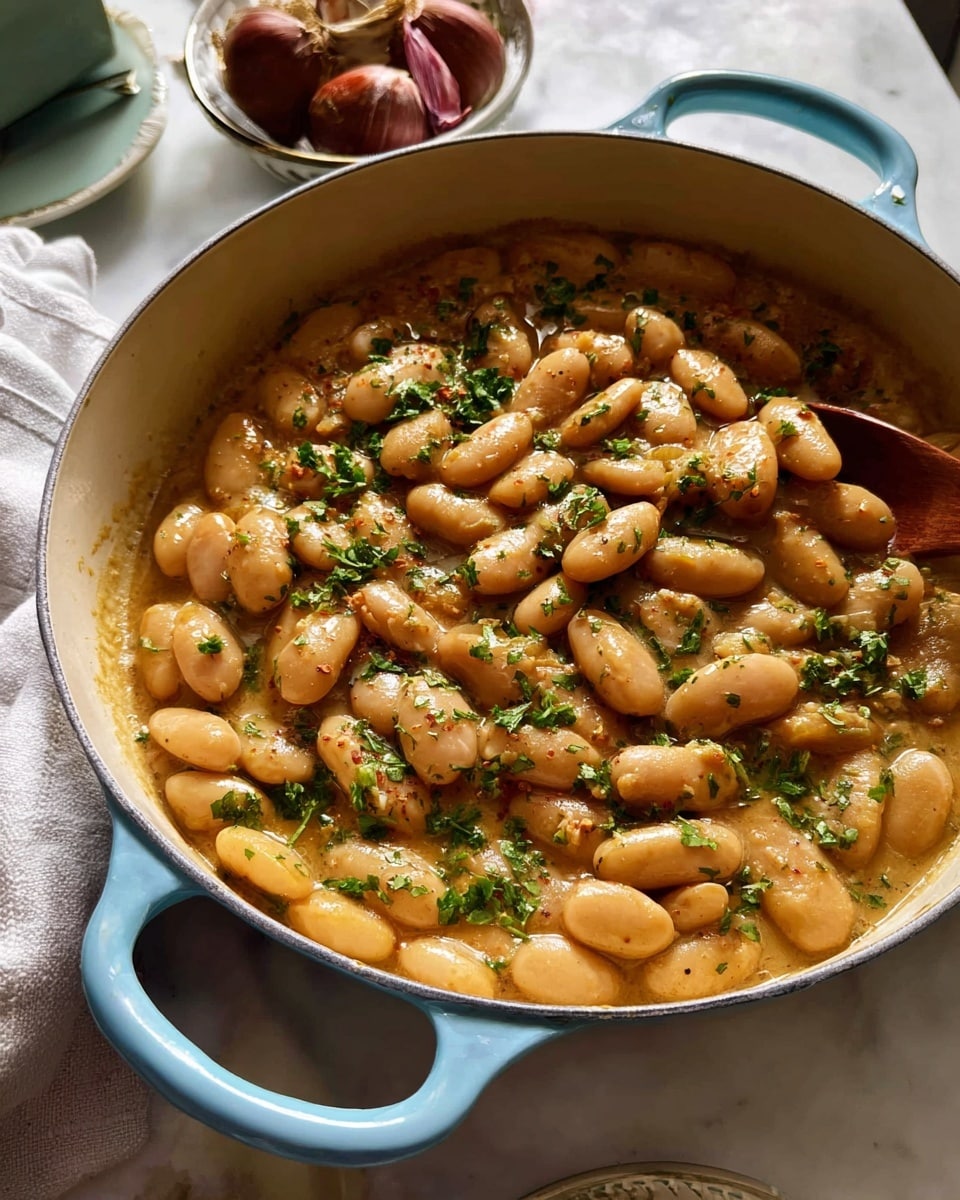 A white deep pan with light blue handles holds a single layer of cooked butter beans in a creamy, light brown sauce with hints of green herbs sprinkled on top, giving a fresh touch. The beans look soft and glossy, covered evenly by the thick sauce. Around the pan, there is a white marbled surface with a white cloth underneath and parts of other objects visible but out of focus. photo taken with an iphone --ar 4:5 --v 7
