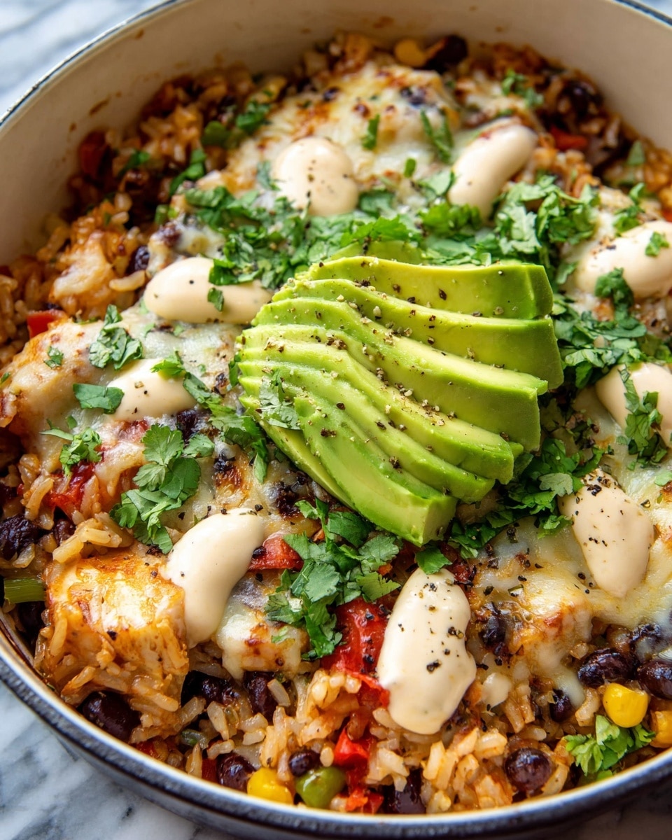 A close-up of a deep white pot filled with three main layers: the bottom layer has cooked rice mixed with black beans, diced green and red bell peppers with some corn, showing orange and dark spots. The middle layer is melted white cheese spread unevenly on the rice and beans, blending in with light brown sauce spotted with black pepper. On the top, there are fresh green avocado slices arranged in a fan shape in the center, surrounded by dollops of creamy light beige sauce and scattered bright green cilantro leaves on a white marbled surface background. photo taken with an iphone --ar 4:5 --v 7