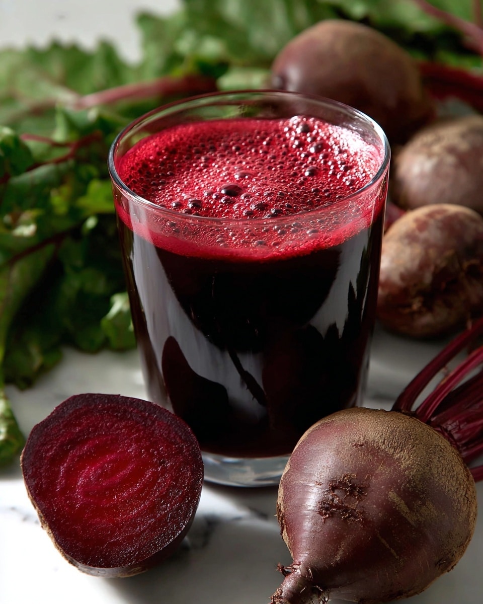A clear glass is filled almost to the top with dark red beet juice that has a bubbly, foamy texture on the surface. The glass shows reflections on its smooth surface. Around the base, fresh whole beets with dark red, rough skin and green leafy tops spread out on a white marbled surface, with one beet sliced in half showing its deep red interior with concentric rings. Photo taken with an iphone --ar 4:5 --v 7