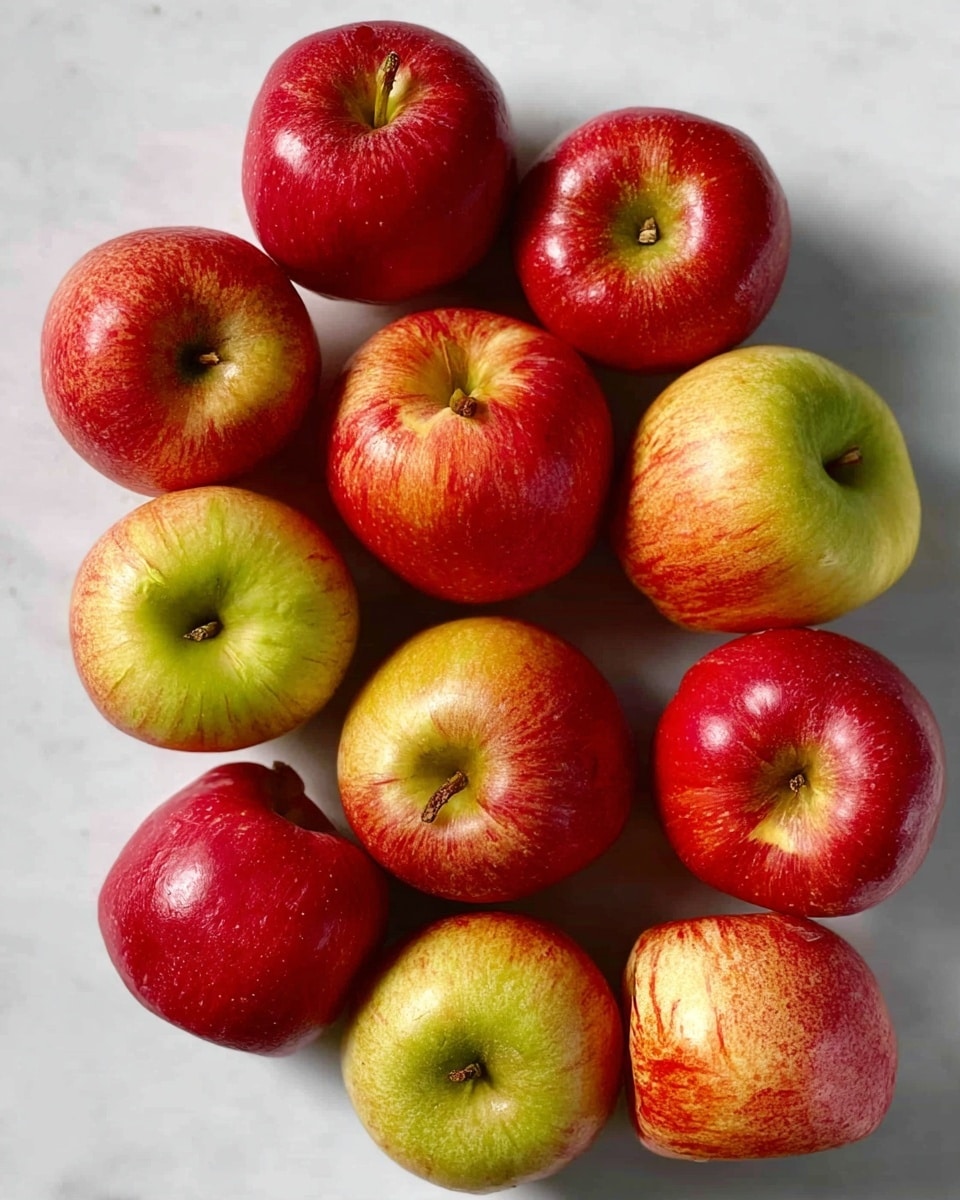 A clear round glass filled with light orange apple juice sits in the center on a white marbled surface, with small bubbles floating near the top of the juice. Around the glass, there are three red apples with yellow patches, arranged close but separate from each other. The apples have smooth, shiny skin and visible stems on the top side, all shown from a top-down view. photo taken with an iphone --ar 4:5 --v 7