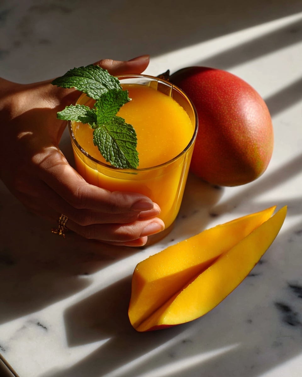A clear glass filled with bright orange mango smoothie with a smooth and creamy texture, topped with two small fresh green mint leaves slightly tilted to the side. A thick orange mango wedge is placed on the rim of the glass on the right side. A clear straw is inserted vertically into the smoothie near the back edge of the glass. The glass sits on a white marbled surface with a whole mango and a mango wedge blurred in the background. The scene is lit with direct light creating sharp shadows, emphasizing the vibrant colors. photo taken with an iphone --ar 4:5 --v 7